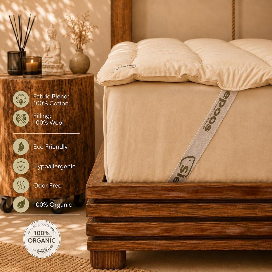Sleepoos, Topper Sleepoos Woll-Matratzenauflage 90x200 cm, Baumwollbezug, Beige, 5.50 cm hoch
