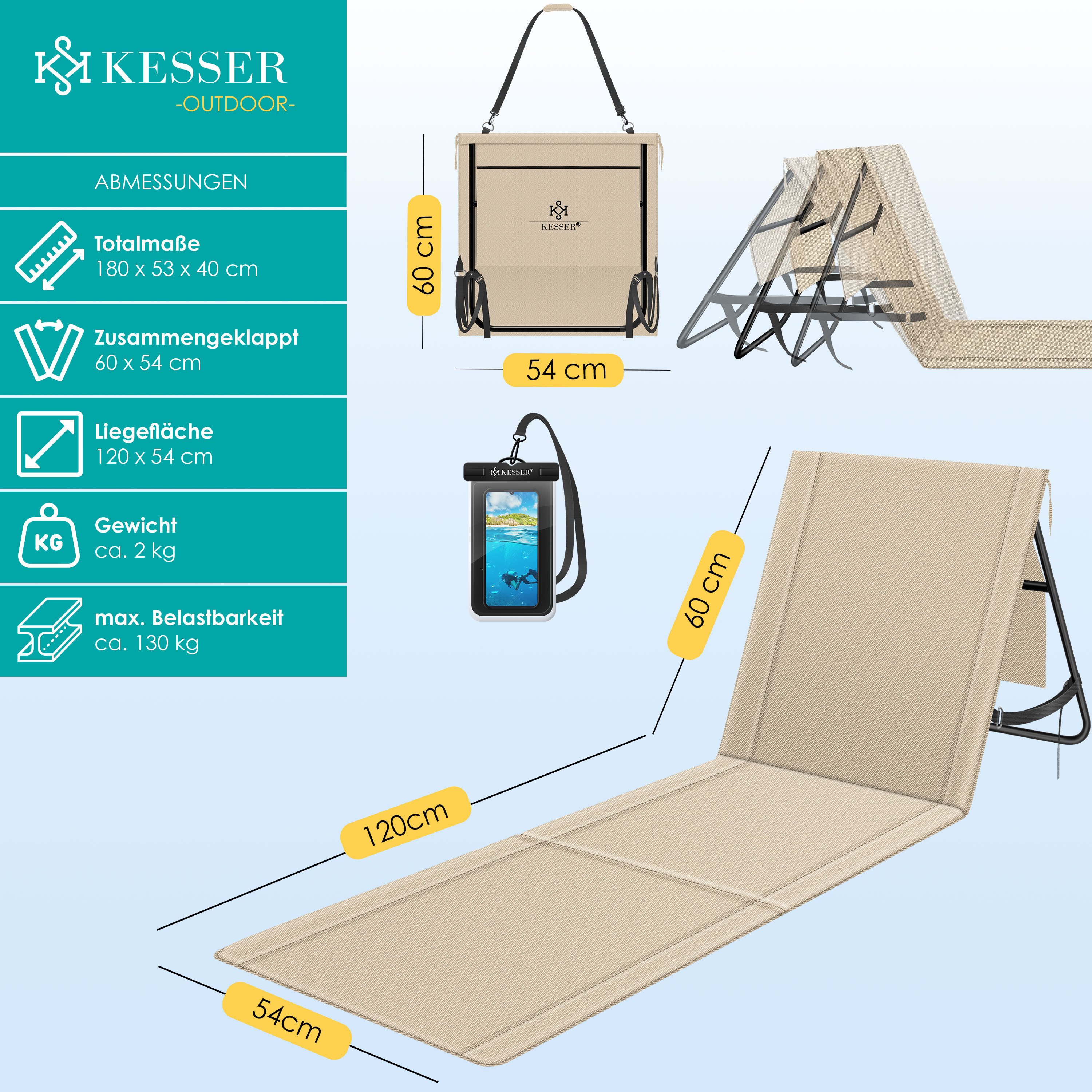 KESSER Gartenliege Strandmatte klappbar mit verstellbarer Rückenlehne max. 130 kg, 1 St., Strandliege mit Tragegurt, wasserdichter Handyhülle & Tragetasche, Sonnenliege faltbar für Strand, Garten & Terrasse Liegematte