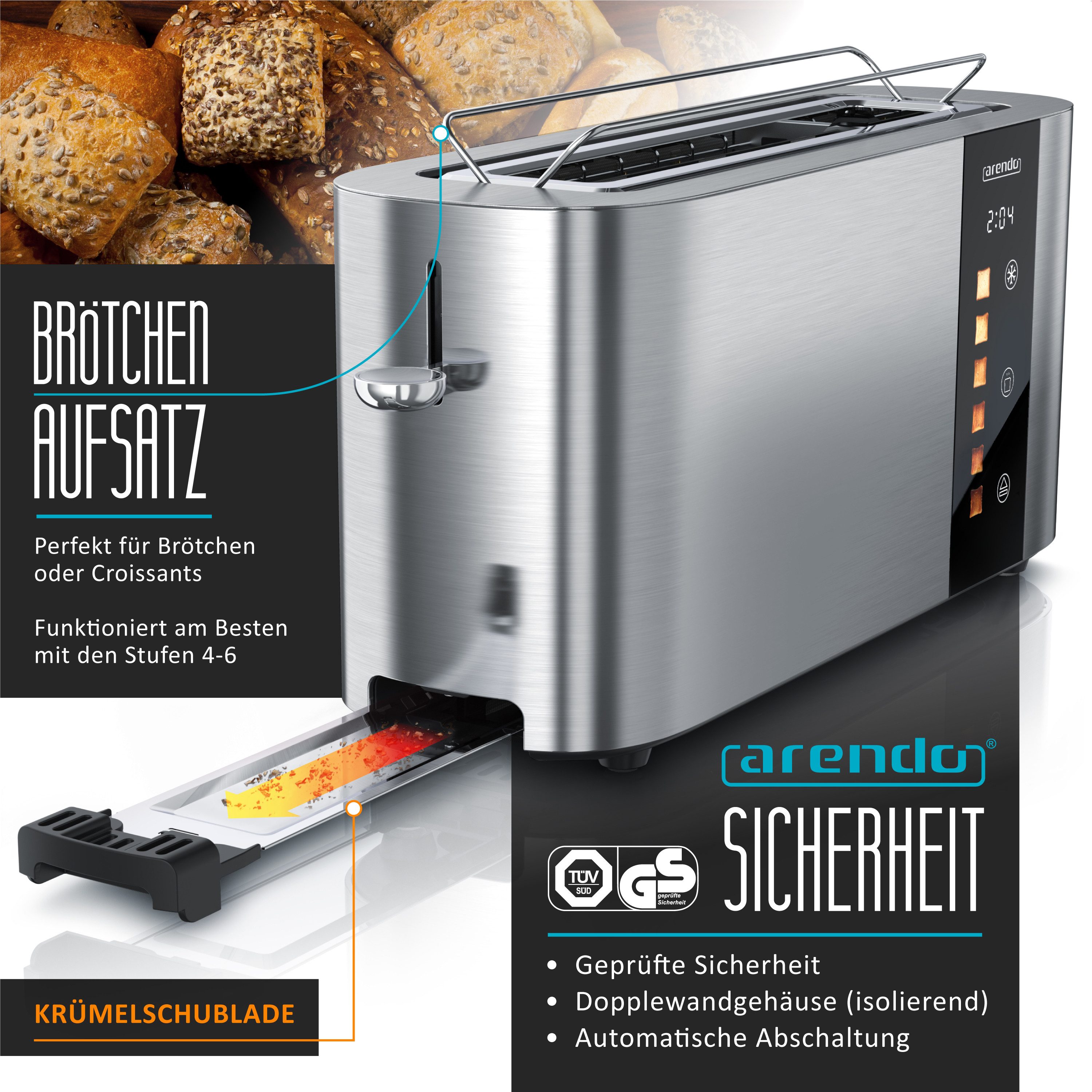 Arendo Toaster 2-Scheiben Edelstahl Langschlitz, Touch, Restzeit Bräunungsgradanzeige, 1 langer Schlitz, für 2 Scheiben, 1000 W, Brötchenaufsatz, Wärmeisoliert, – Bild 3 von 5