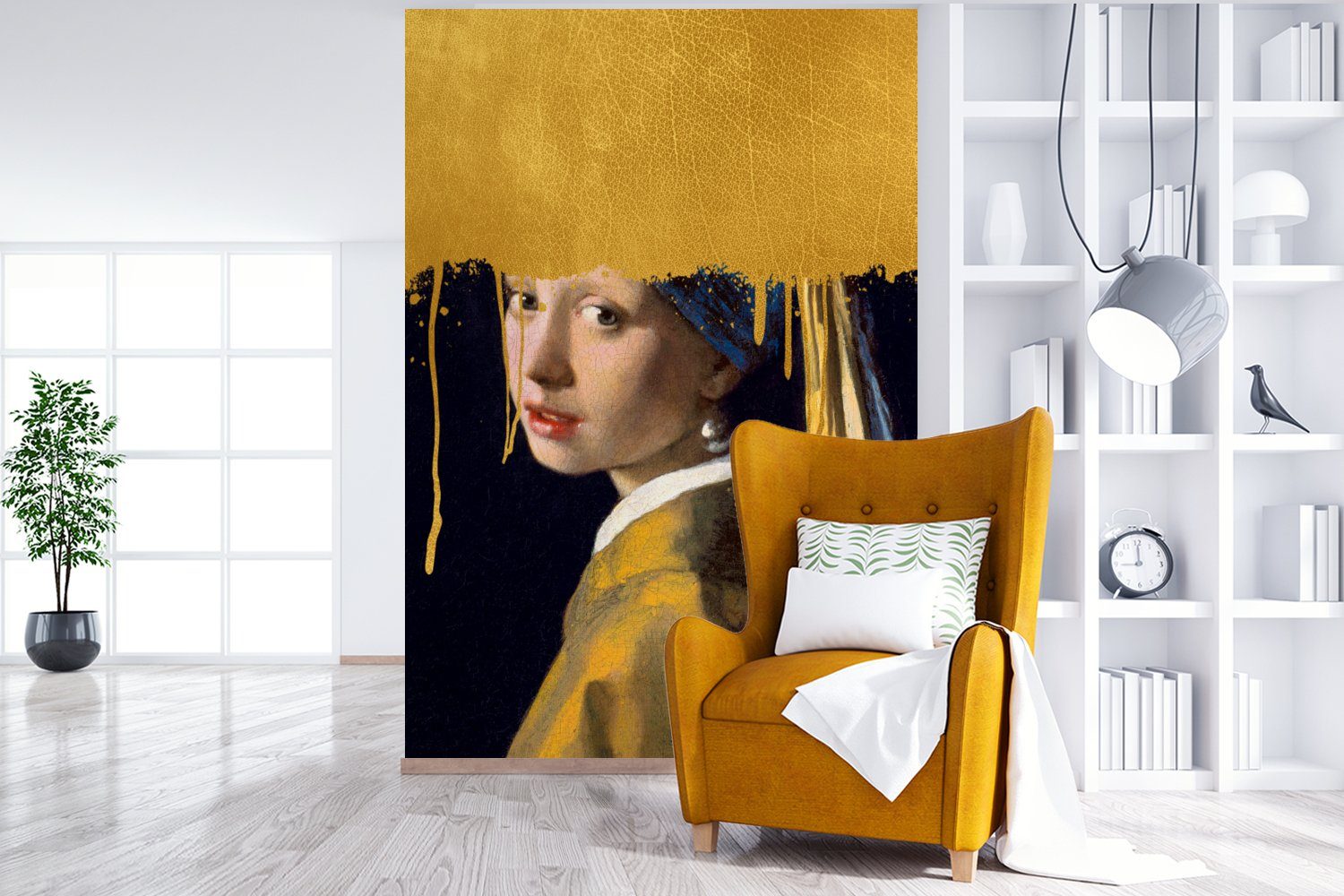 Gold Wohnzimmer, mit Montagefertig Perlenohrring MuchoWow Johannes (3 - St), bedruckt, Vinyl Mädchen Matt, Vermeer, einem für Fototapete Tapete - Wandtapete