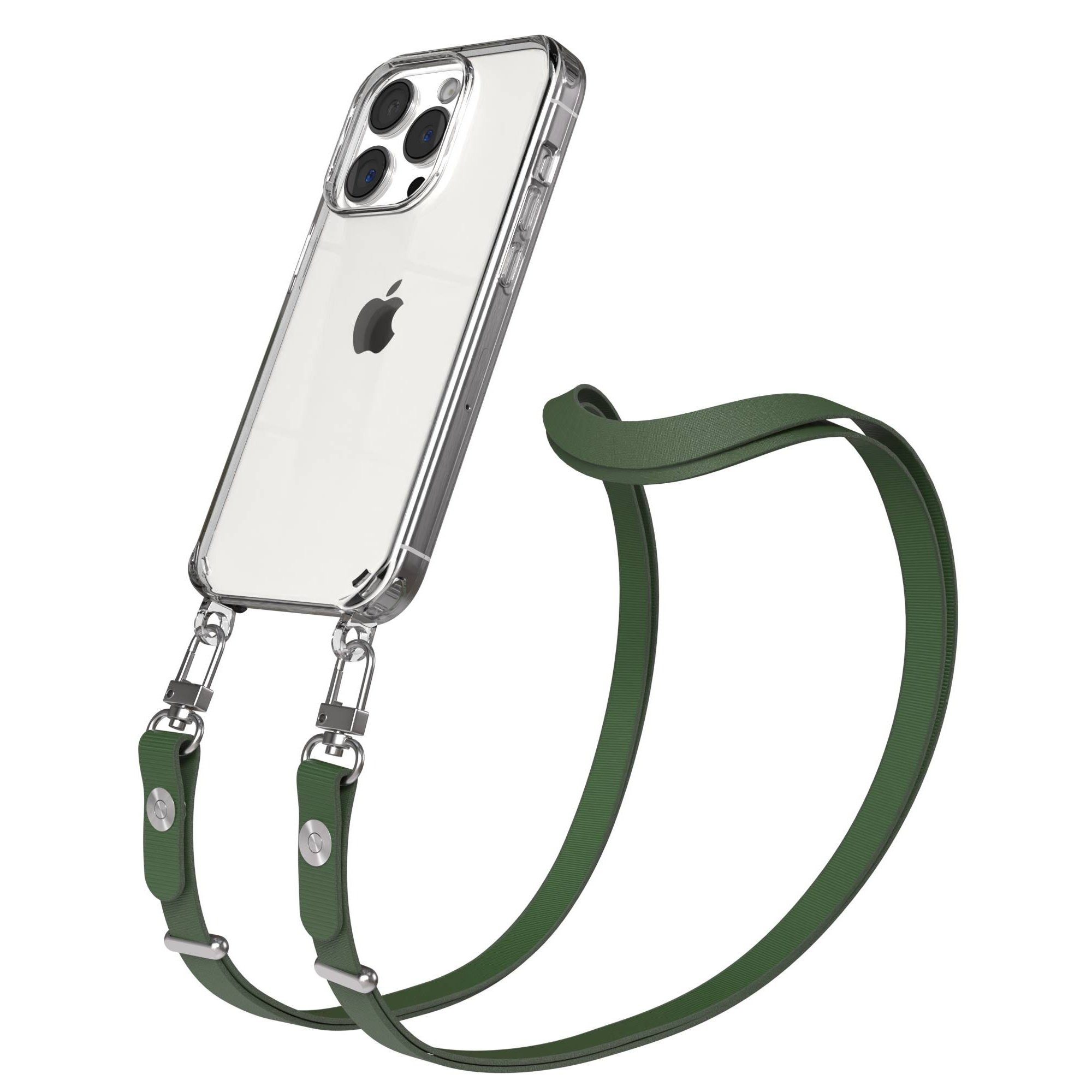EAZY CASE Handykette für Apple iPhone 15 Pro Handyhülle mit Handyband magnetisch, Handykette in Dunkelgrün mit Band und zusätzlichen 2x2 Connectoren