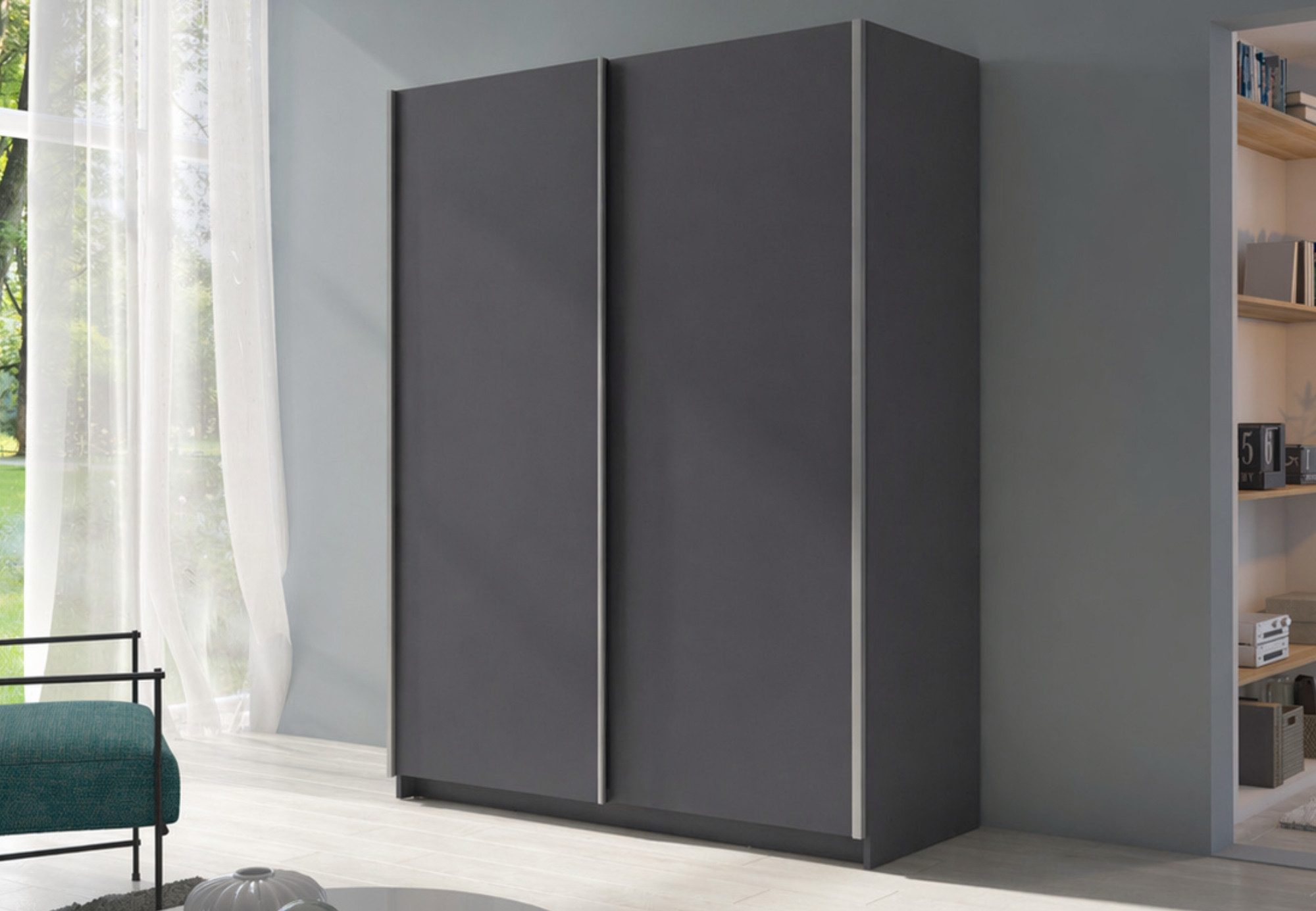 Home Collective Schwebetürenschrank Kleiderschrank Schlafzimmerschrank Schrank Garderobe, 150 oder 180 cm 4 Böden & Kleiderstange für viel Stauraum Graphit 150 cm Breite