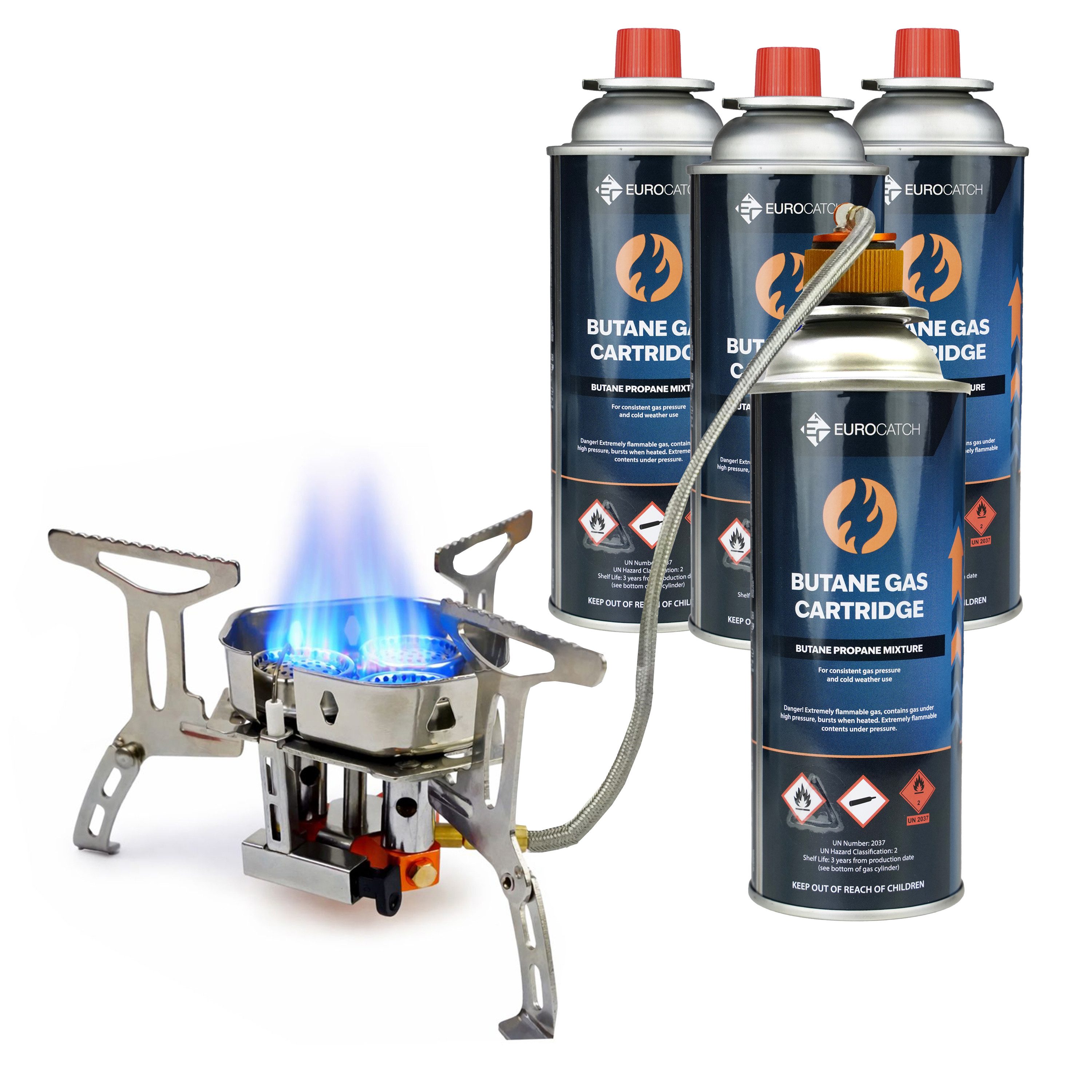 Eurocatch Gaskocher Eurocatch Turbo-Faltkocher, (Set, 4-St., Turbo-Gasbrenner mit Adapter acht Gaskartuschen und Transportkoffer), drei Brenner, zwei Anschlussarten, kompakt zusammenklappbar