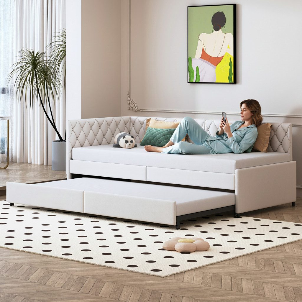 Simurq Daybett Schlafsofa 90/180x200cm, Ausziehbett, Mit Unterbett, Tagesbett, Mit Lattenrost, Samt, Gästebett, Platzsparend