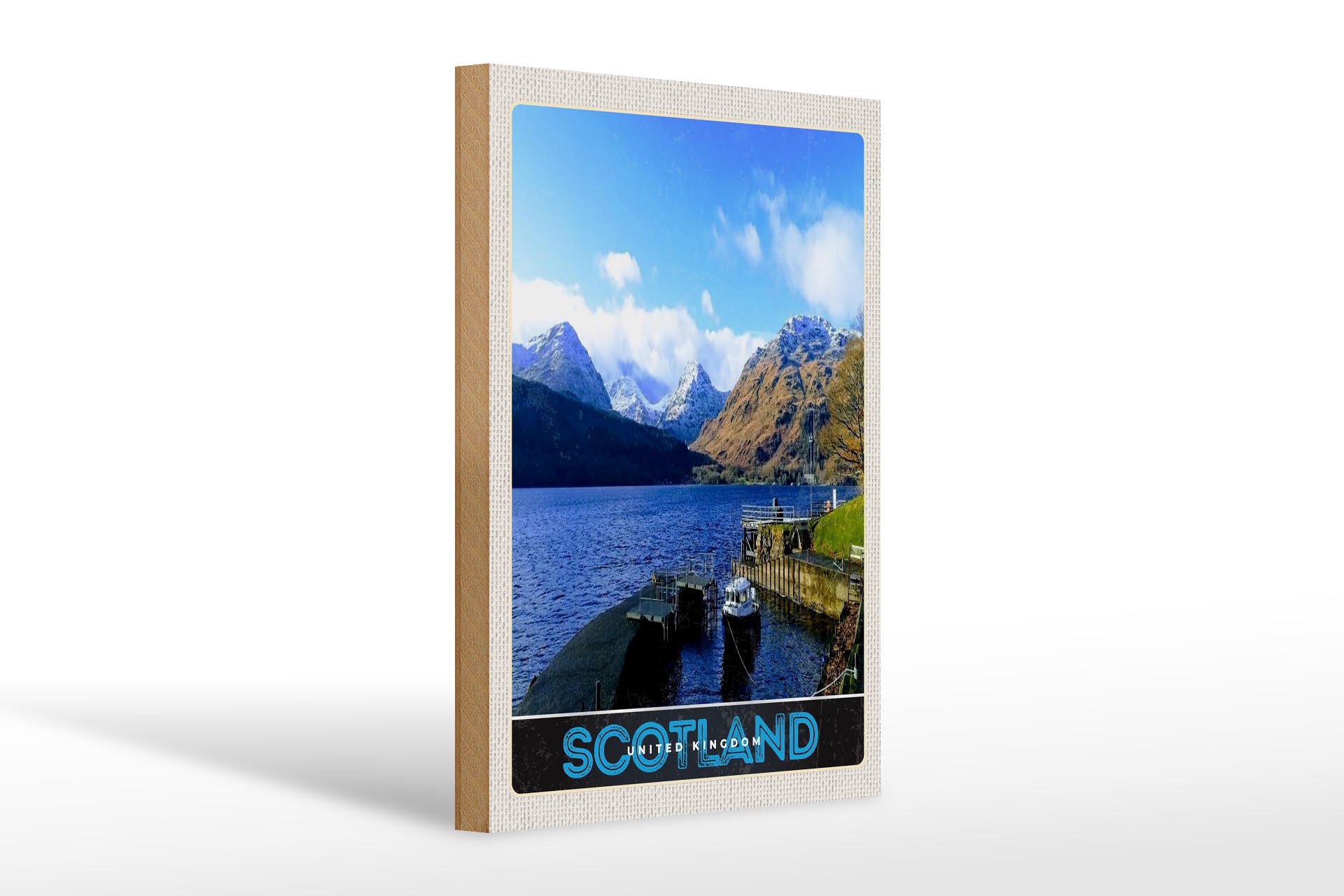 Holzbild Reise 20x30cm Schottland Insel Gebirge See Schild