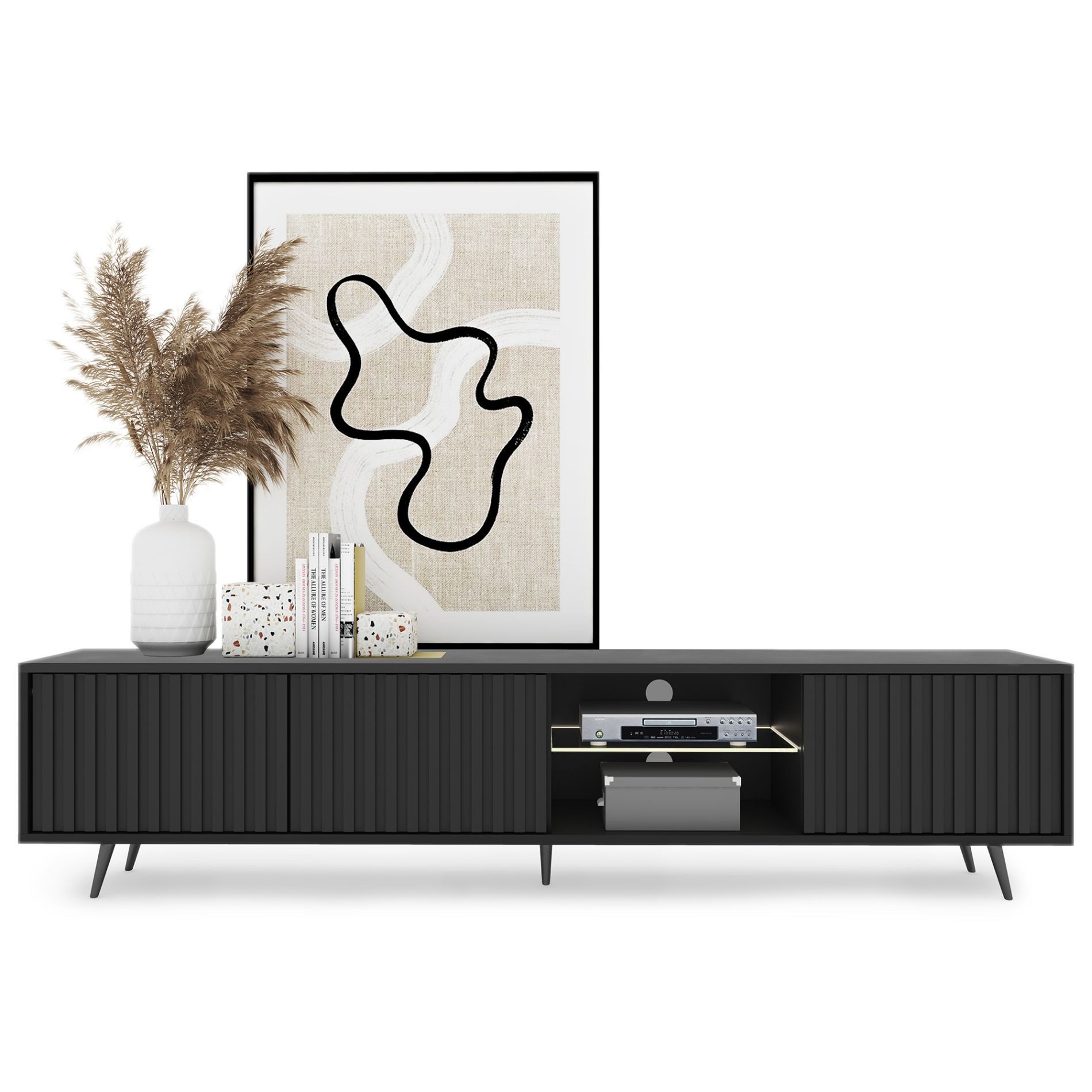 Selsey TV-Schrank BELLO mit schwarzen Füßen, Lamellenfronten und LED, 175 cm