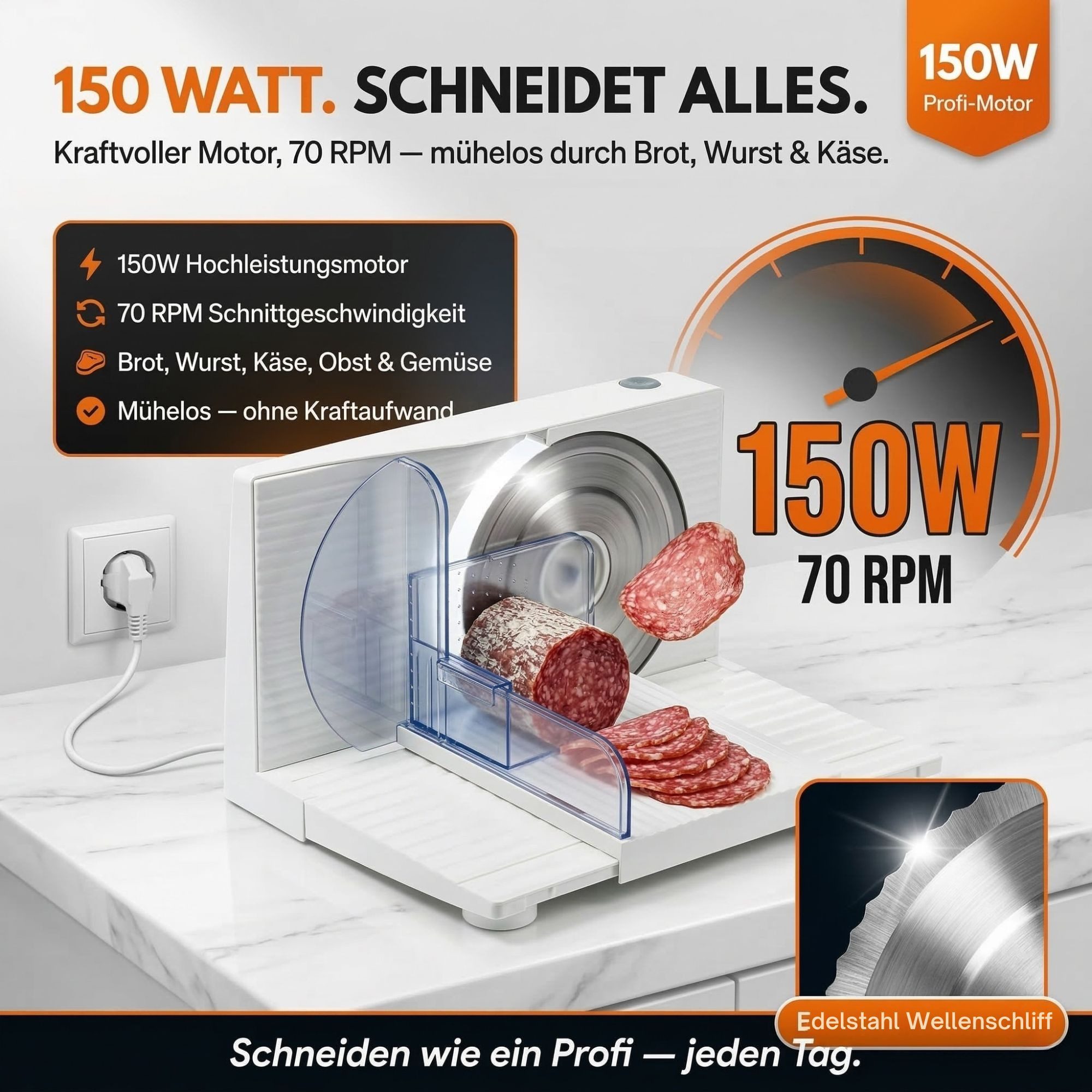 Sommertal Allesschneider AS170 150W Edelstahlmesser mit Wellenschliff, 0-15mm, klappbar, elektrische Schneidemaschine Brotschneidemaschine weiß