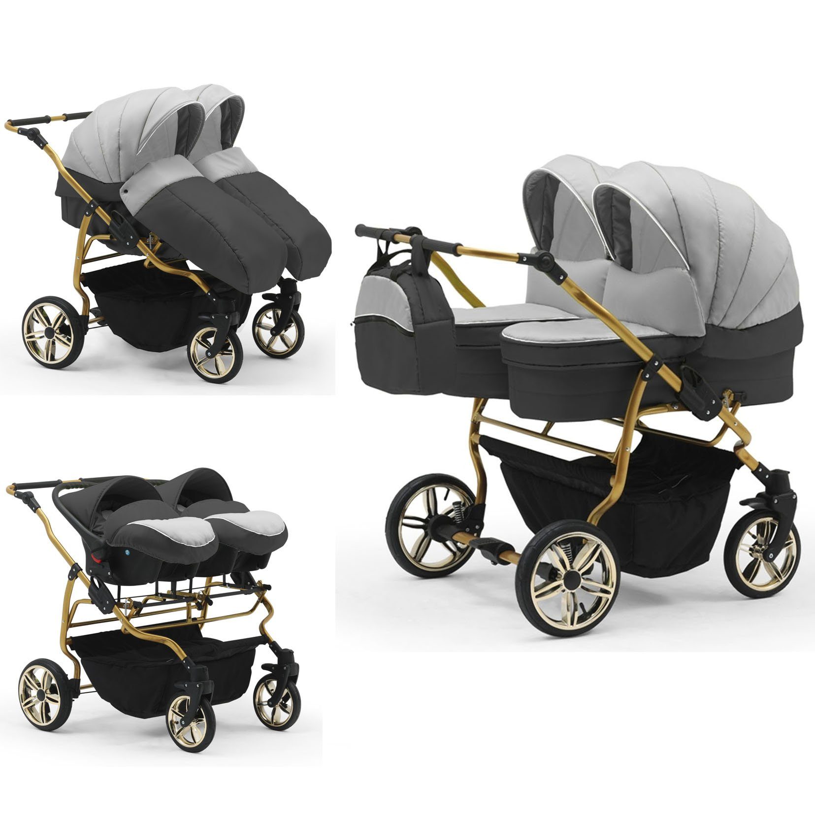 babies-on-wheels Zwillingswagen Duet Lux Gold 3 in 1 inkl. Autositze - 13 Teile - in 33 Farben Hellgrau-Dunkelgrau