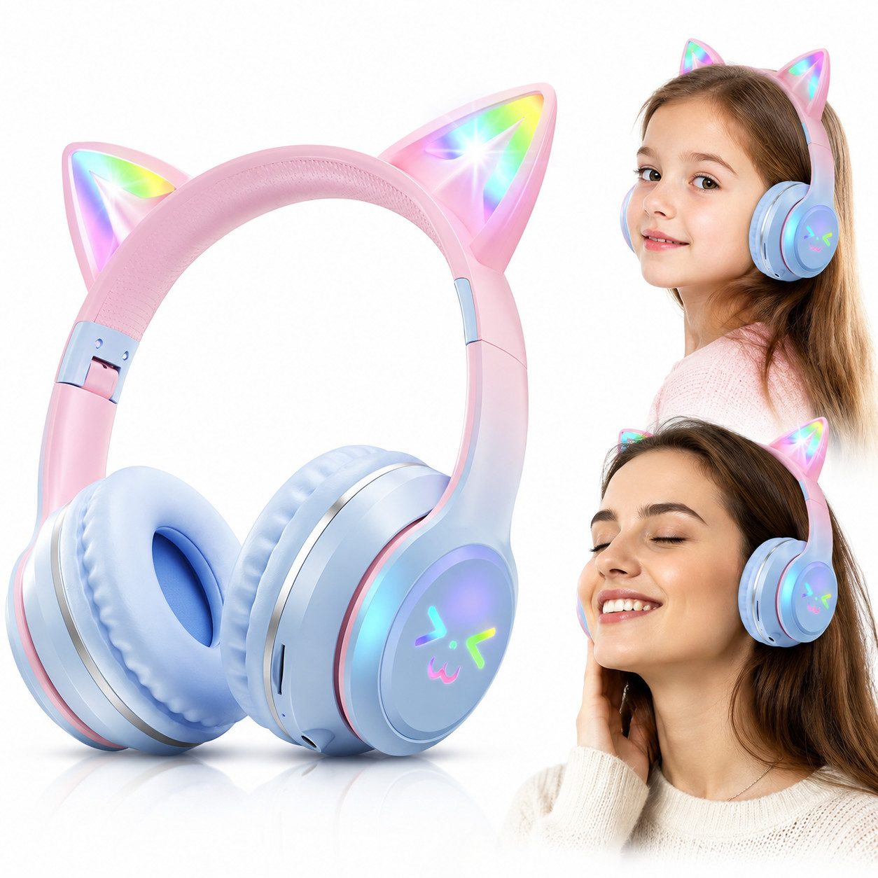ibettertec Over-Ear-Kopfhörer Bluetooth 5.3 LED Katzenohren Faltbares Design Bluetooth-Kopfhörer (Katzenohr-Headset für Mädchen, kompatibel mit Tablet/Computer/Telefon, mit RGB-Lichtern,60 dB Lautstärkebegrenzung, HD Mikrofon)