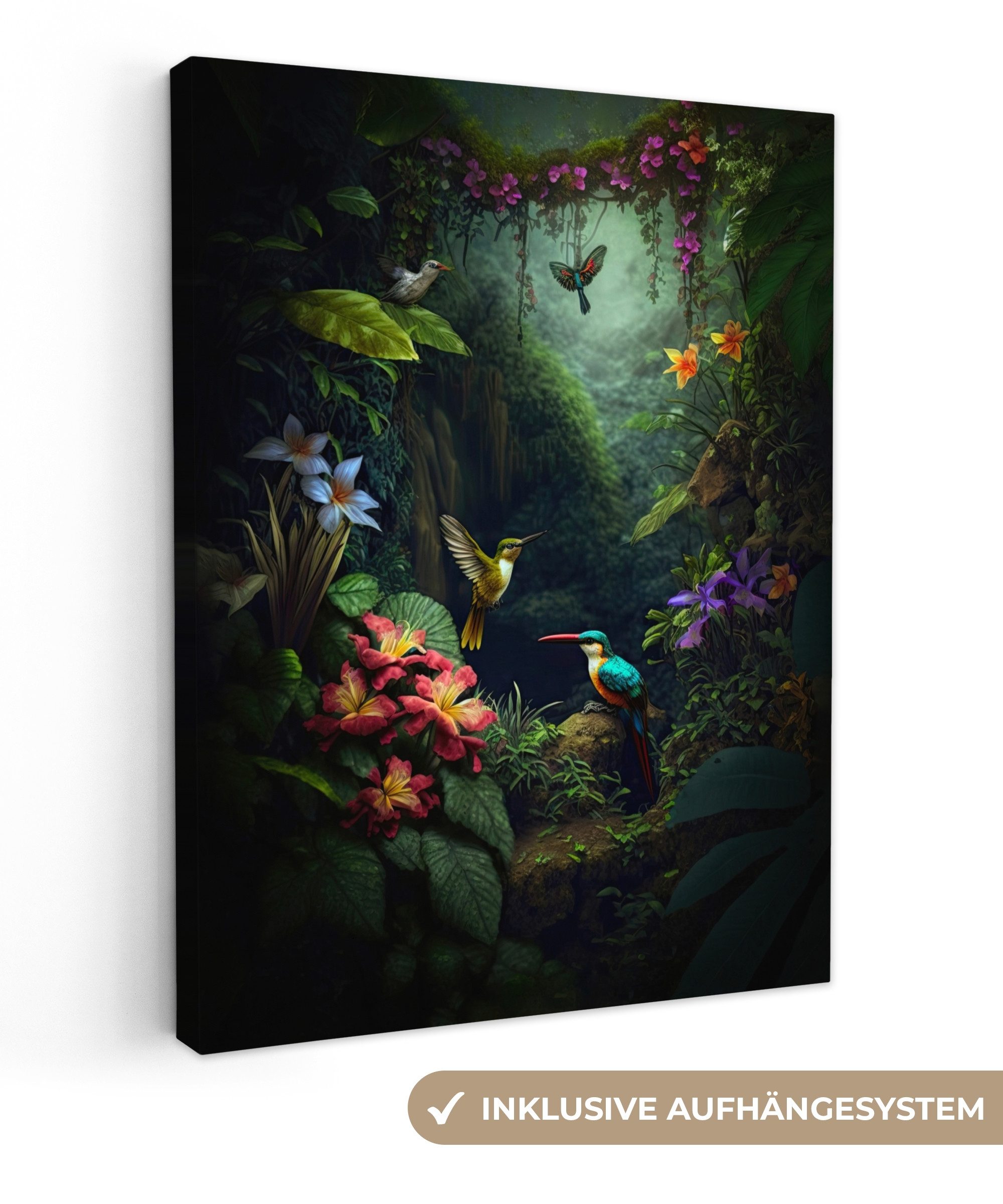 OneMillionCanvasses® Leinwandbild Blumen - Pflanzen - Dschungel - Vögel, Fotodruck (1 St), Leinwand Bilder für Wohnzimmer Schlafzimmer 30x40 cm