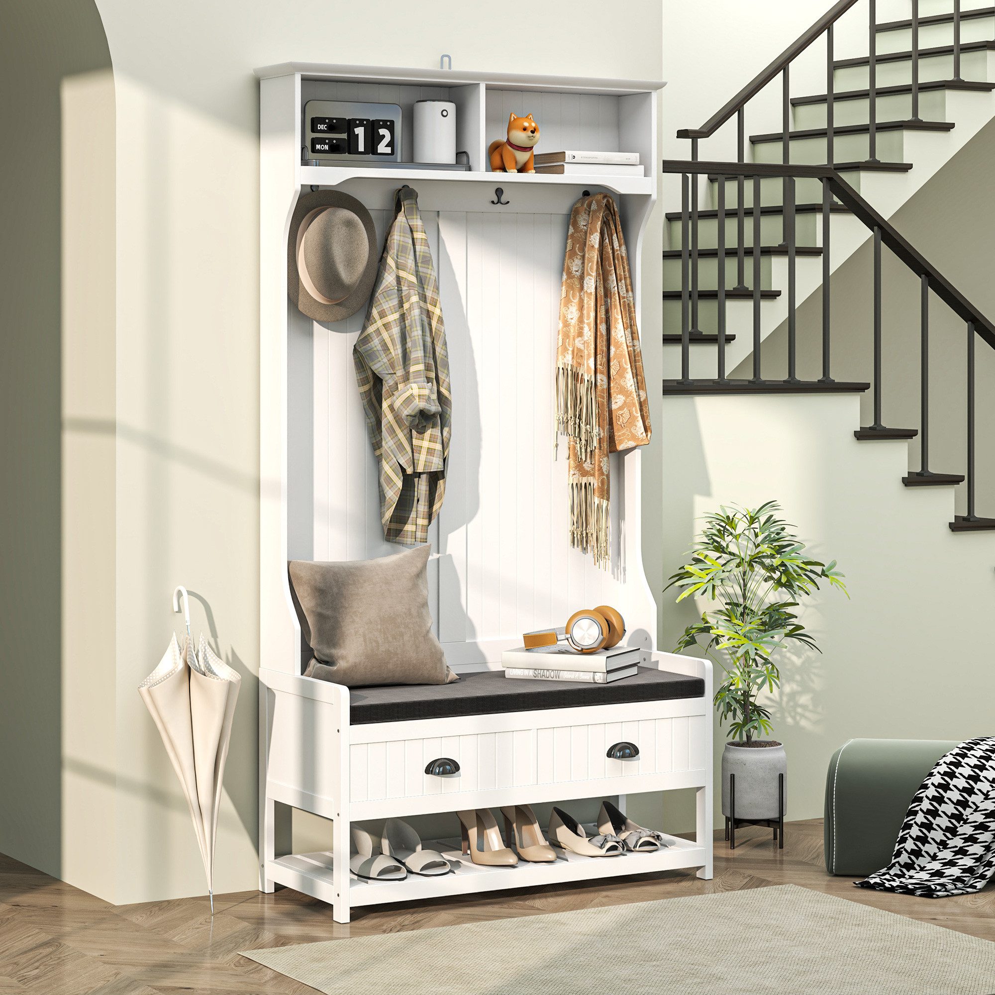 HOMCOM Garderobenständer 2-in-1, mit 4 Haken, Schuhbank und Ablagen, Kippschutz, (Kleidungsständer, 1 St., Garderobe), für Eingangsbereich, Flur, Schlafzimmer, Weiß+Grau