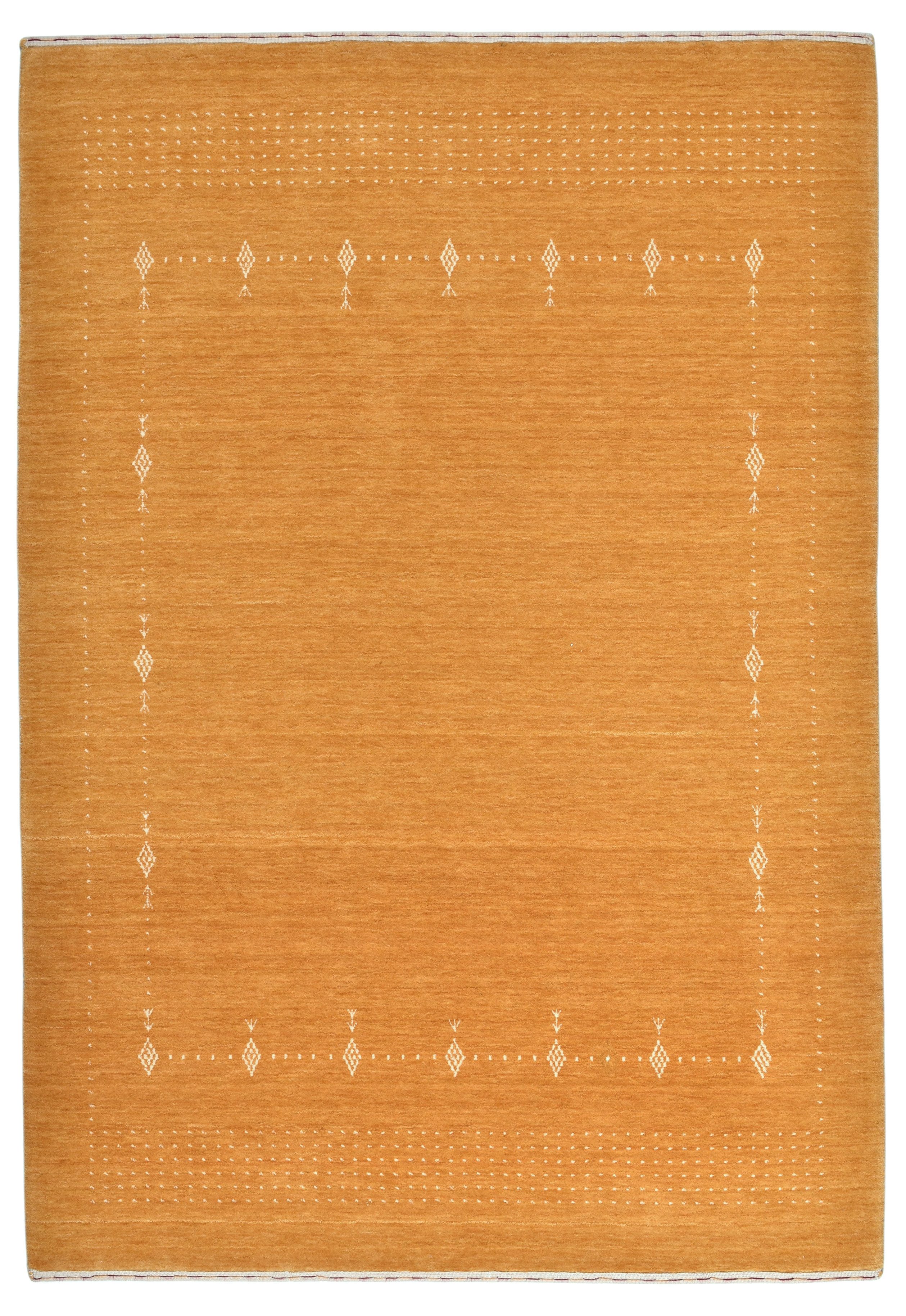 CABBEL Wollteppich 206x142 cm moderner Loribaft Teppich handgewebt Premium Wolle Gold, Rechteckig, Höhe: 12 mm, Handgeknüpftes Unikat aus 100% Wolle – langlebig und natürlich