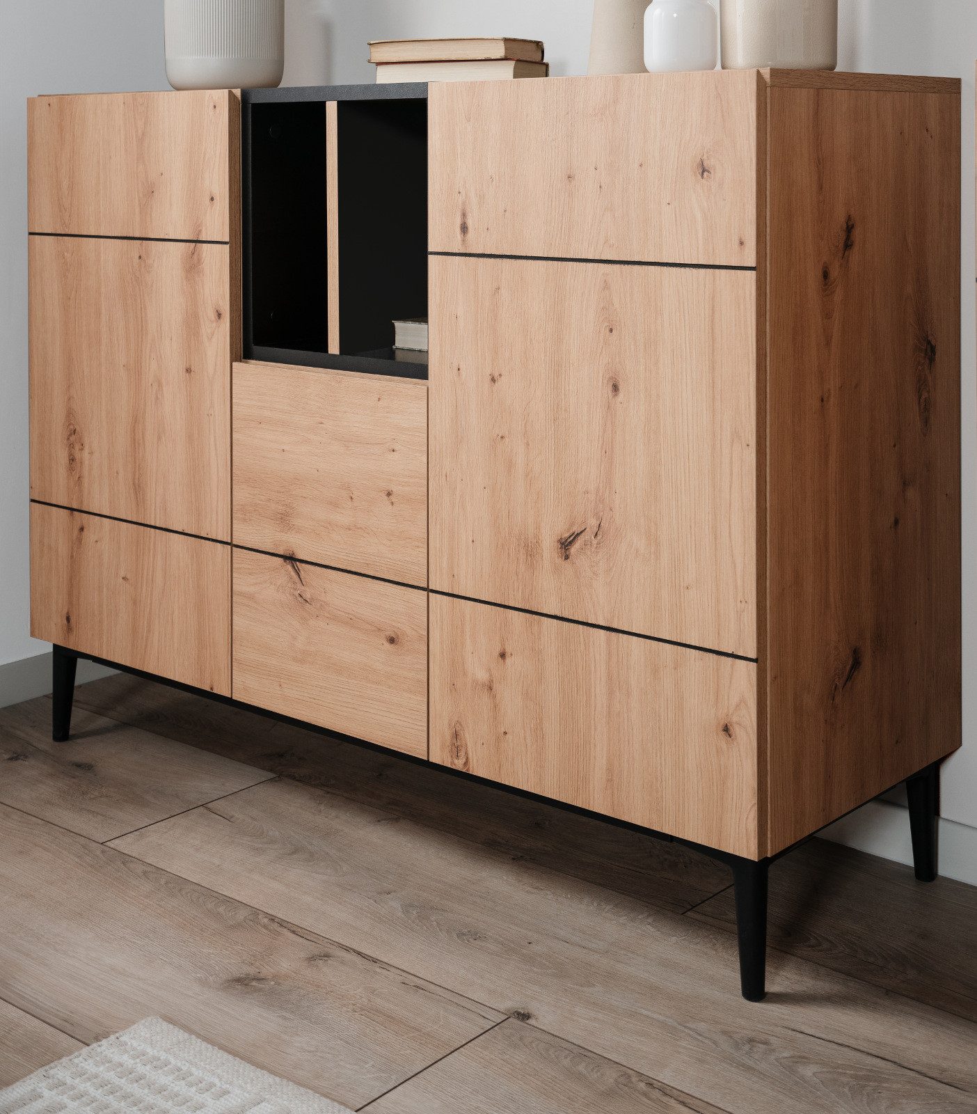 Furn.Design Kommode Liam (Sideboard in Eiche Artisan und schwarz, 120 x 90 cm), viel Stauraum