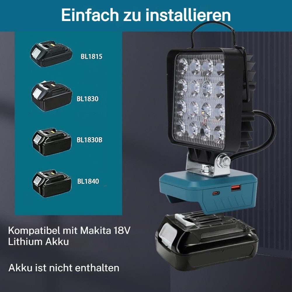 PRIISF LED Arbeitsleuchte LED Camping Lampe Arbeitslicht Strahler Licht Taschenlampe Baustrahler, Quadratisch, LED fest integriert, Tageslichtweiß, Für Makita Li-ion Akku LED Arbeitsleuchte mit Typ C und USB-Aufladung
