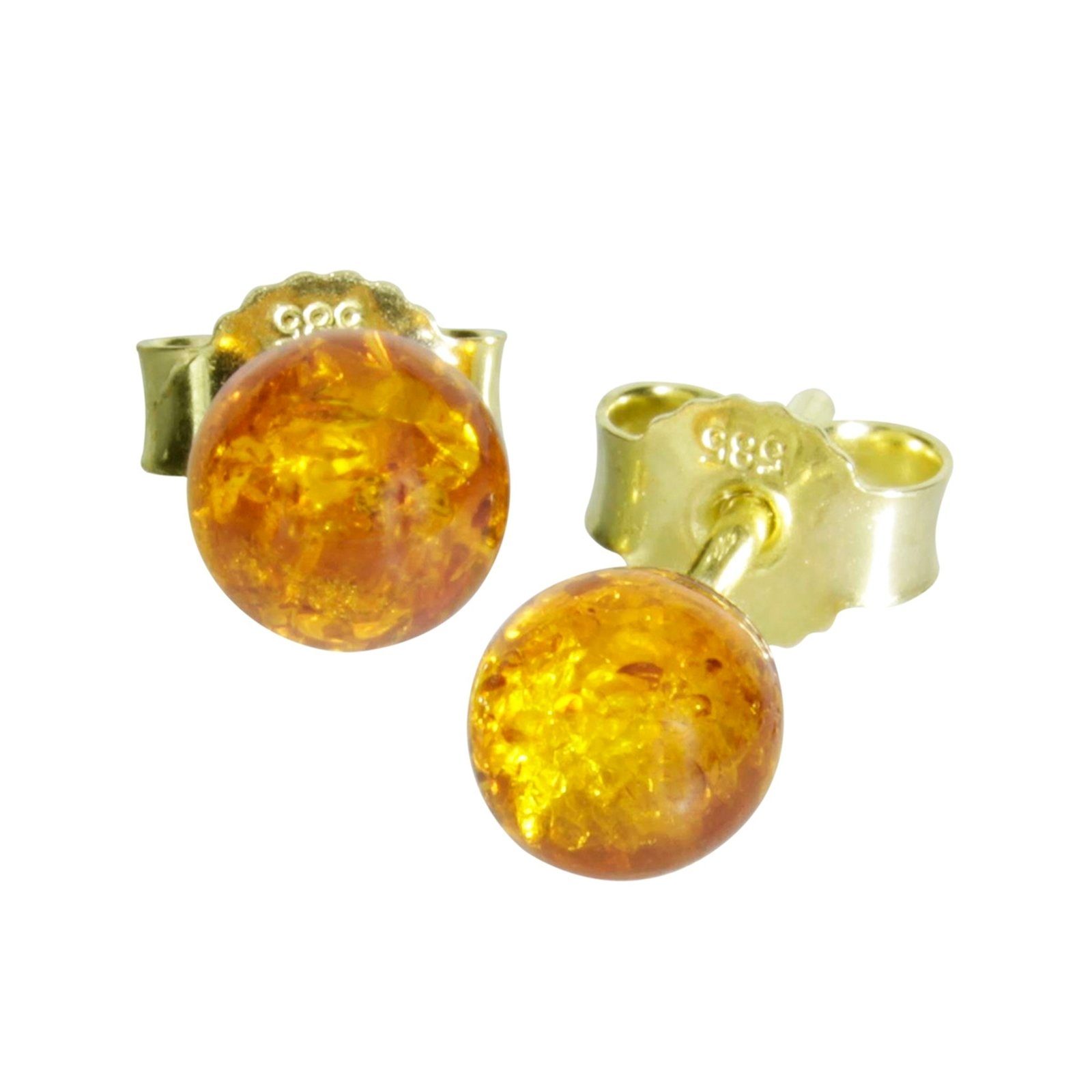 Valentinstagsgeschenk OSTSEE-SCHMUCK Paar Ohrstecker - Klassisch 6 mm - Gold 585/000 - Bernstein (2-tlg), gelb|goldfarben