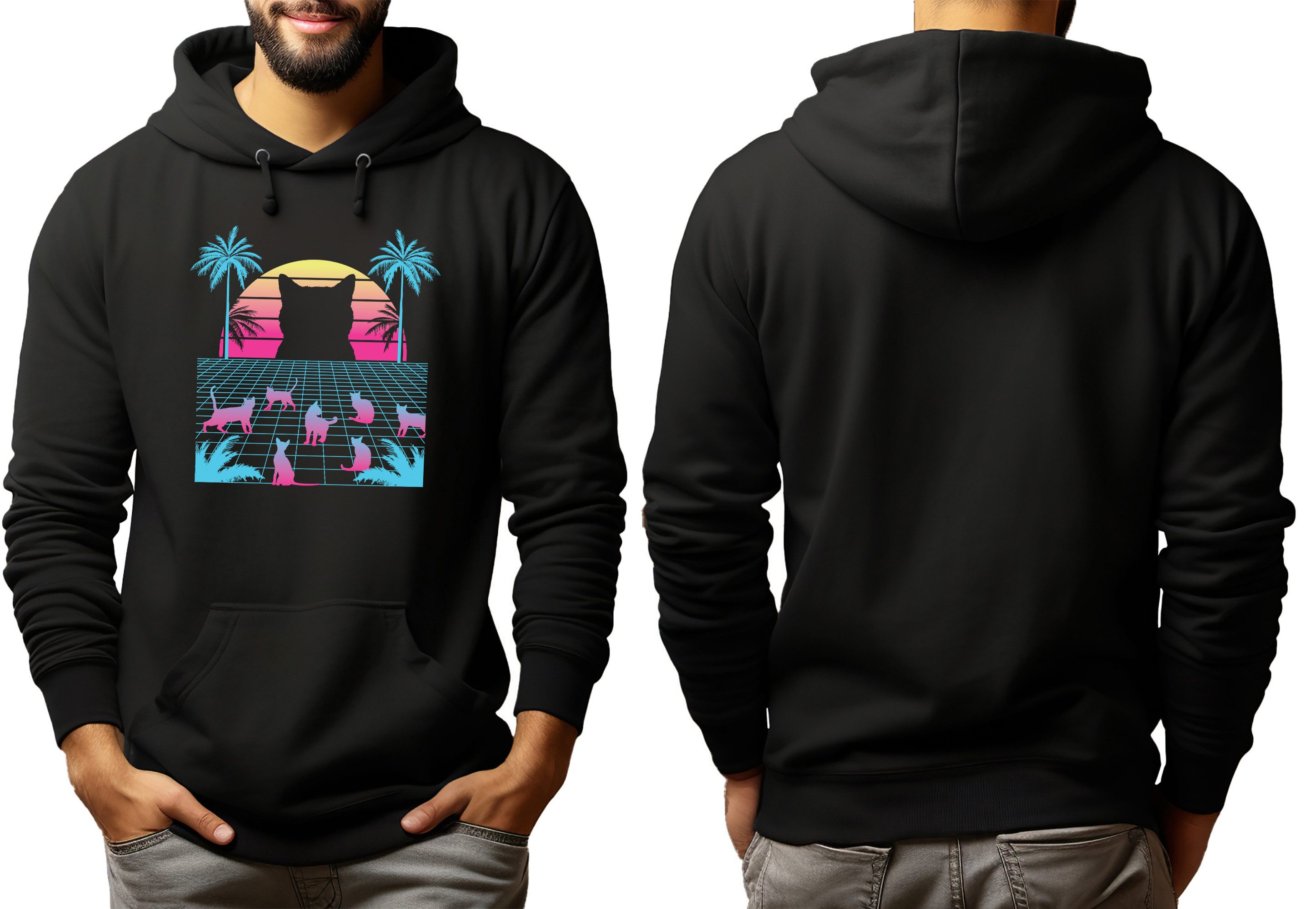 MyDesign24 Hoodie Katzen Kapuzen Pulli - Futuristisches Katzen Bild Herren und Damen Kapuzensweater i124