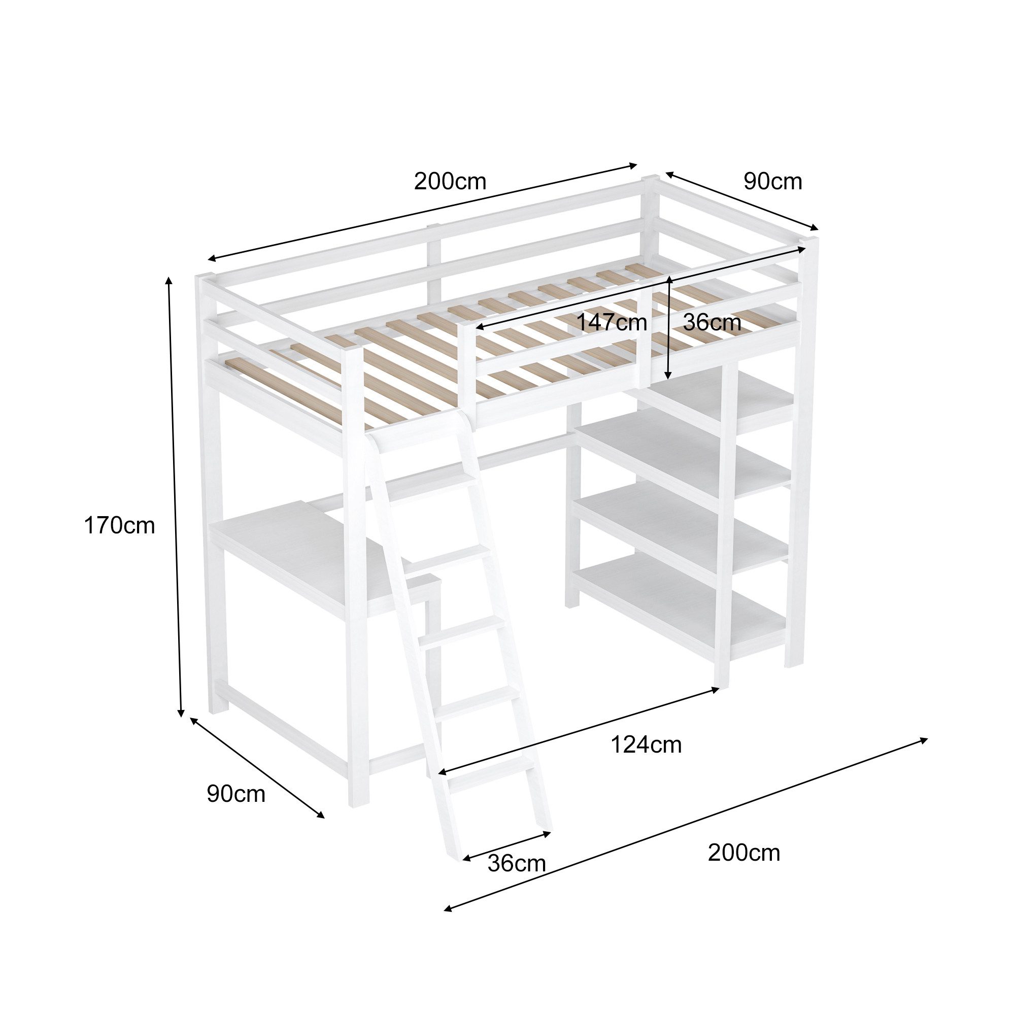 Gdood Loft Bed, Storage Bed, Double Bed (1-pc., Incl. Slatted Frame, Safety Rail) Wooden Bed with Stairs, Recreation Area, Storage Space, 90x200 cm