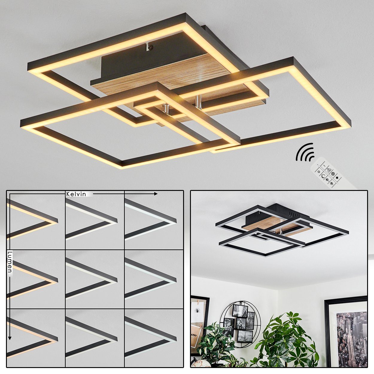 hofstein Deckenleuchte Deckenlampe in - Lumen wechselbar, Fernbedienung, änderbar dimmbar/Lichtfarbe LED aus Kelvin, 6000 Metall/MDF/Kunststoff 2700 3200 über Schwarz/Holzoptik/Braun/Weiß, max