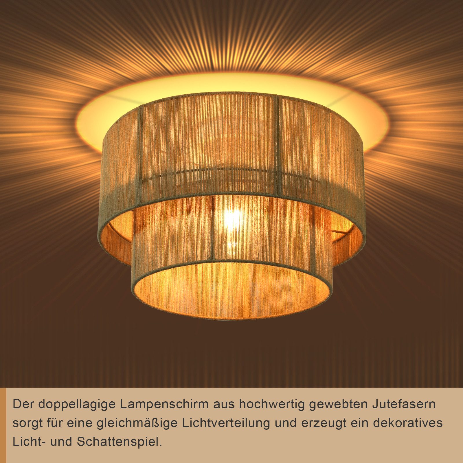 Nettlife Deckenleuchte Vintage Juteschnur Boho-Design Rustikale Pendelleuchte E27, ohne Leuchtmittel, für Wohnzimmer Schlafzimmer Küche oder Flur – Bild 4 von 5