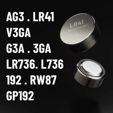 ABSINA AG3 LR41 Knopfzelle 50er Pack - 1,5V Alkaline Knopfzellen auslaufsicher & mit langer Haltbarkeit - LR736 / L736 / G3 / G3A / 3GA / 192 / GP192 / V3GA / RW87 - Knopfbatterien Batterien Batterie Knopfzelle, (5 St)