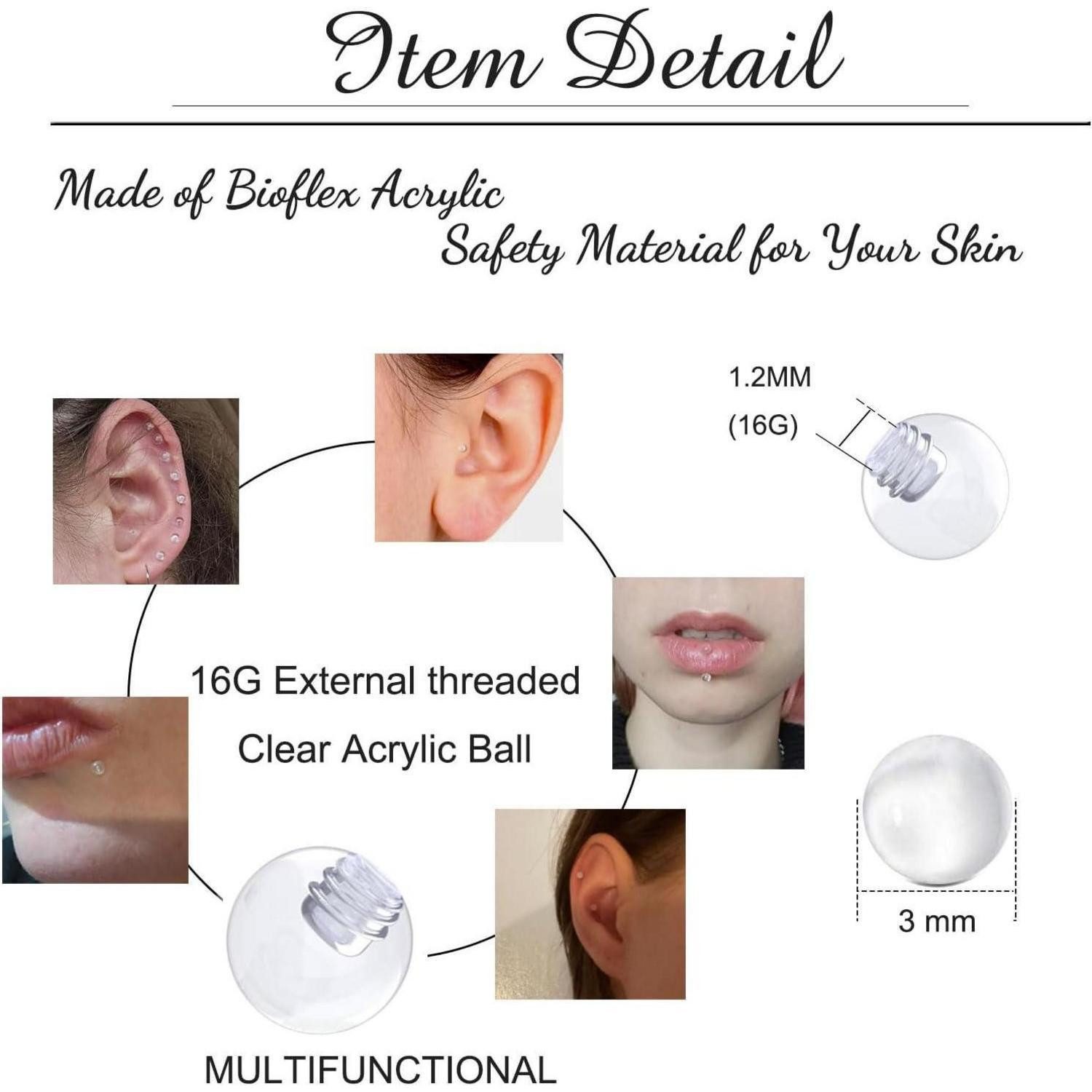 Besyvvin Piercing-Set 20er Piercing Kugel Set 1,2mm Chirurgenstahl 3mm Ersatzkugeln Schwarz