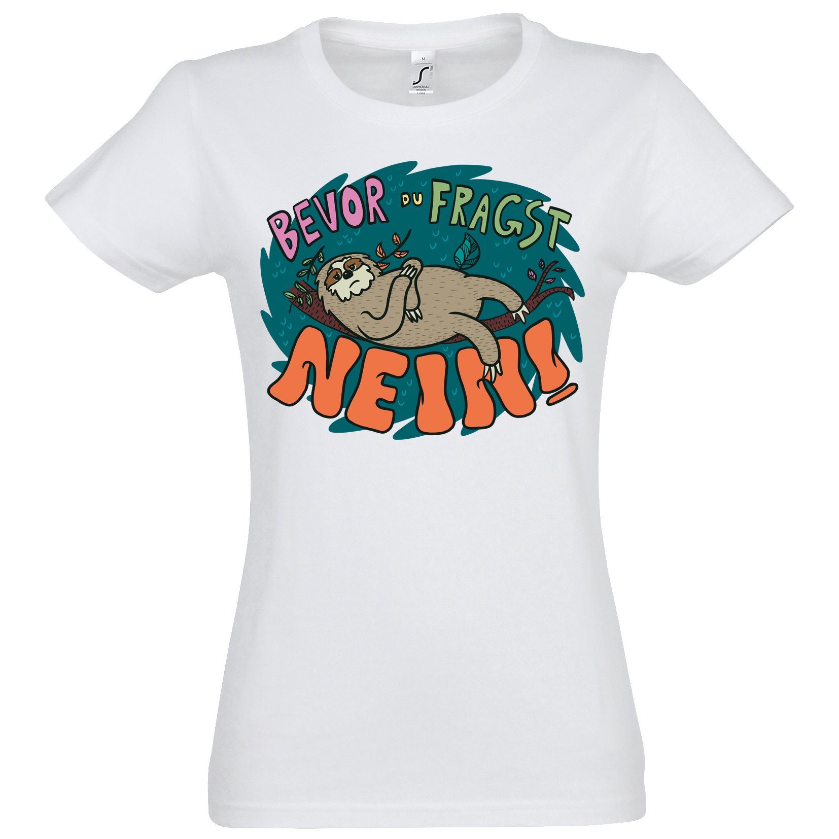 Youth Designz T-Shirt Bevor du fragst NEIN Faultier Damen T-Shirt mit lustigem Frontprint Weiss | T-Shirts