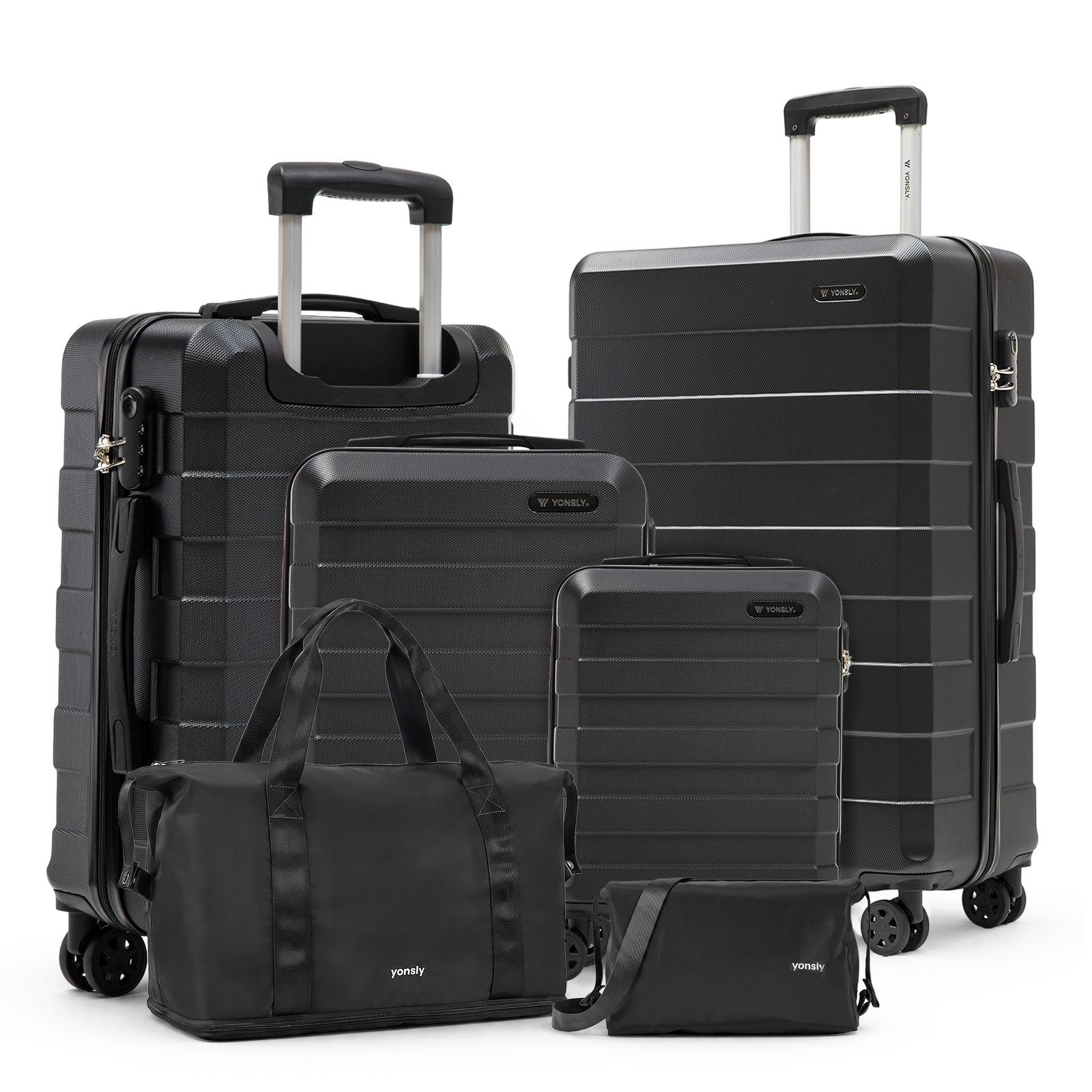 YONSLY Trolleyset für gemeinsames Reisegepäck mit Reisetasche und Kosmetiktasche, 4 Rollen, (Reiseset, 6 tlg., mehrere Koffergrößen mit zwei ergänzenden Taschen), Aluminium, ABS, vier Doppelrollen, Zahlenschloss und Gummigriff