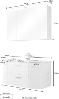 Saphir Badmöbel-Set Quickset 2-teilig, Glas-Waschtisch mit LED-Spiegelschrank, 5 Türen, (Set, 2-St), Unterschrank mit Waschbecken, inkl. Türdämpfer, Griffe Chrom Glanz