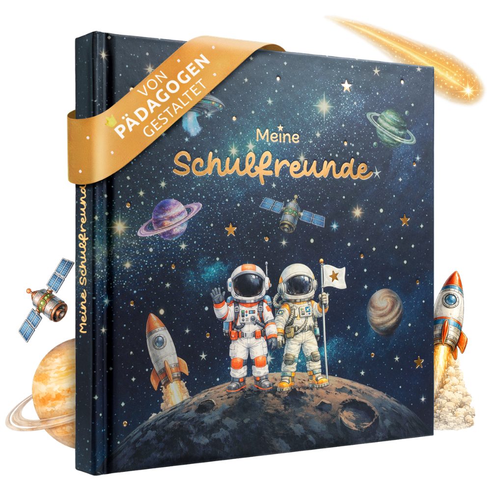 Eulentaler Freundebuch für Jungs & Mädchen (Schule) I von Pädagogen gestaltet, Astronauten, Raketen & Goldprägung, Geschenk für Schulkinder