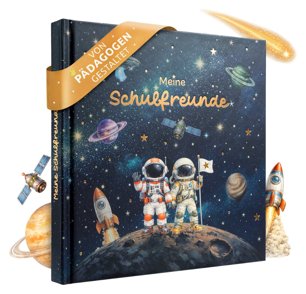 Eulentaler Freundebuch für Jungs & Mädchen (Schule) I von Pädagogen gestaltet, Astronauten, Raketen & Goldprägung, Geschenk für Schulkinder
