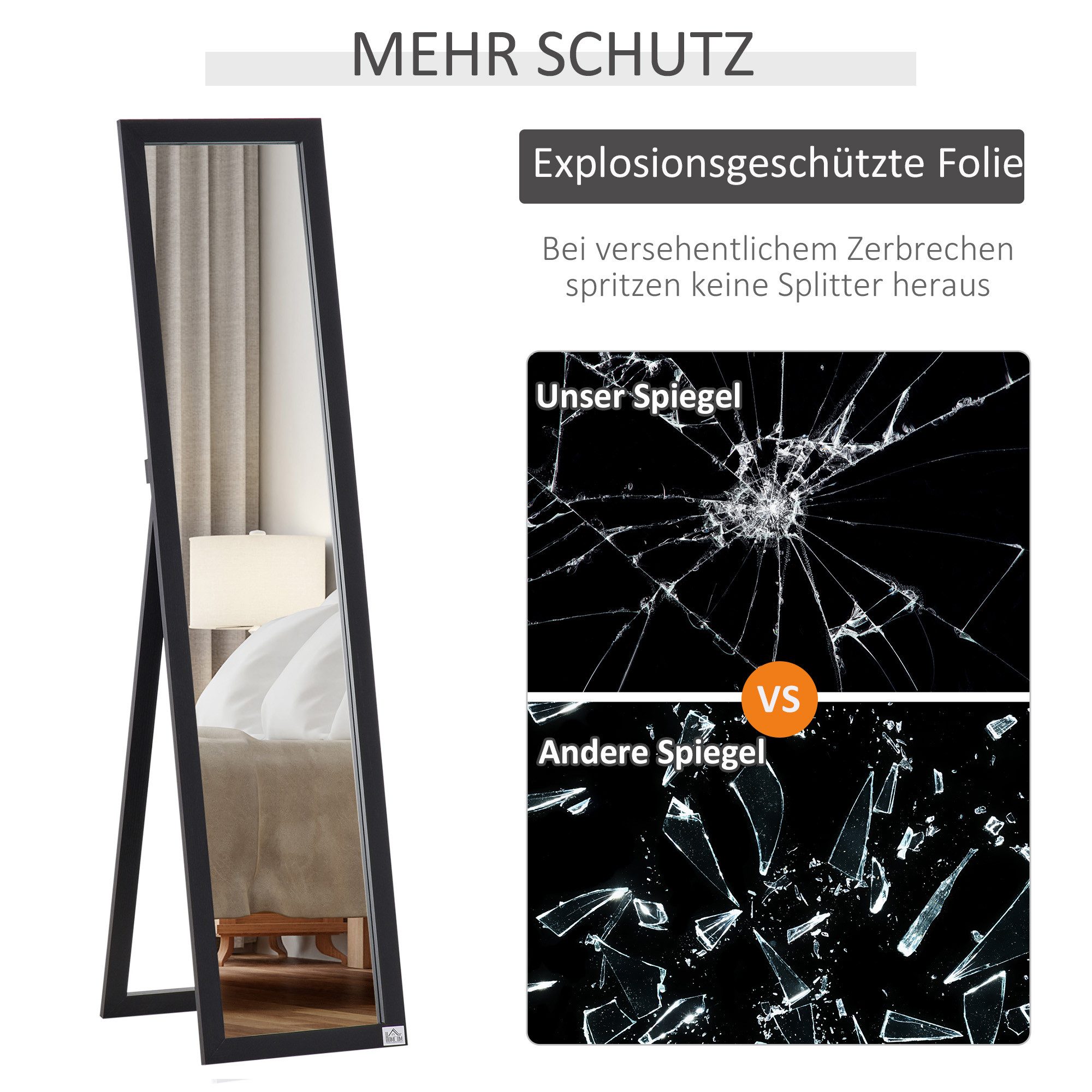 HOMCOM Standspiegel 154 x 37 cm mit Ständer (Wandspiegel, 1-St., Ganzkörperspiegel), für Wohnzimmer, Schlafzimmer, Schwarz