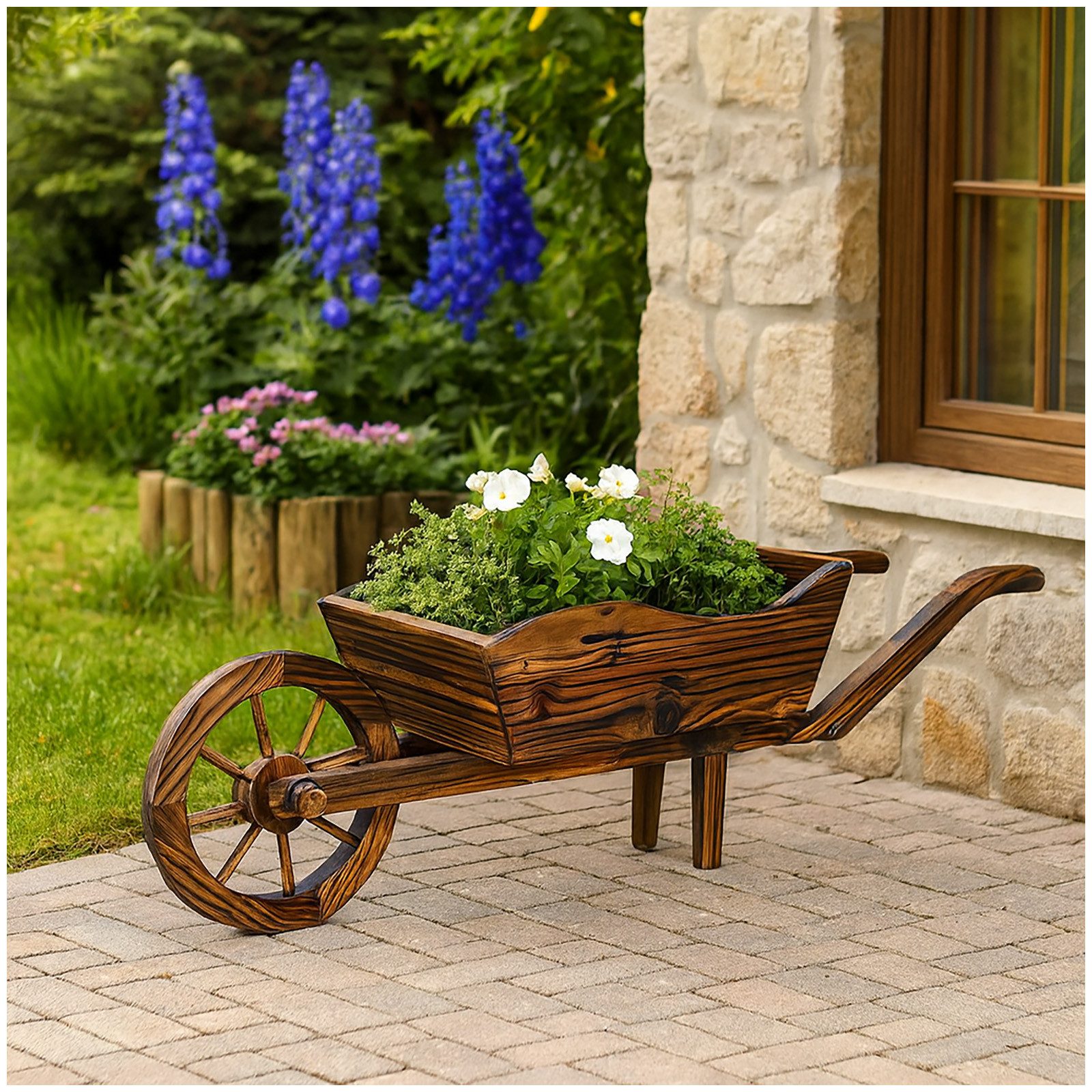 Gartenfigur Holzschubkarre Natur Sommerset