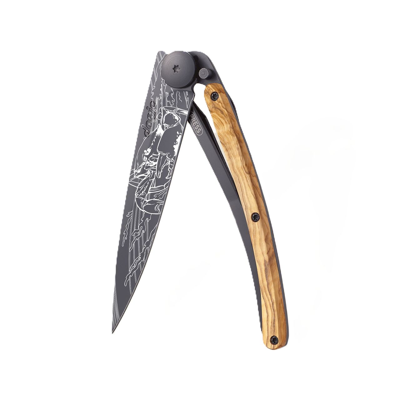 Deejo Taschenmesser 37g - Olivenholz / Krebs- Klappmesser - Outdoormesser - Messer, Sternzeichen Krebs Motiv