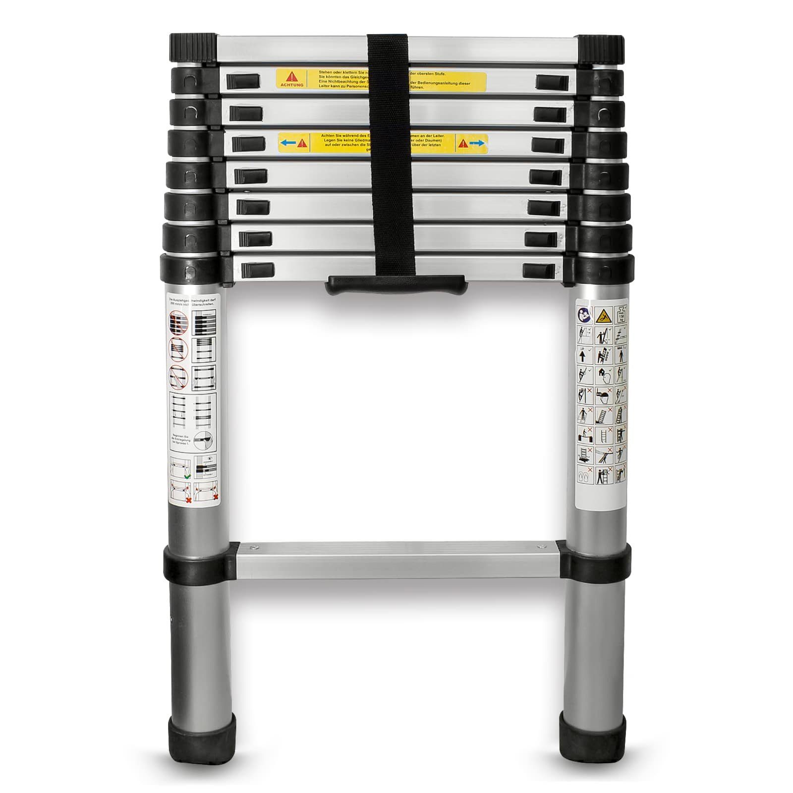 EAXUS Teleskopleiter Ausfahrbare Leiter Aluminium 2,6 Meter DIN EN 131 Mehrzweckleiter, 9 rutschfeste Sprossen, zusammenklappbar auf 74 cm