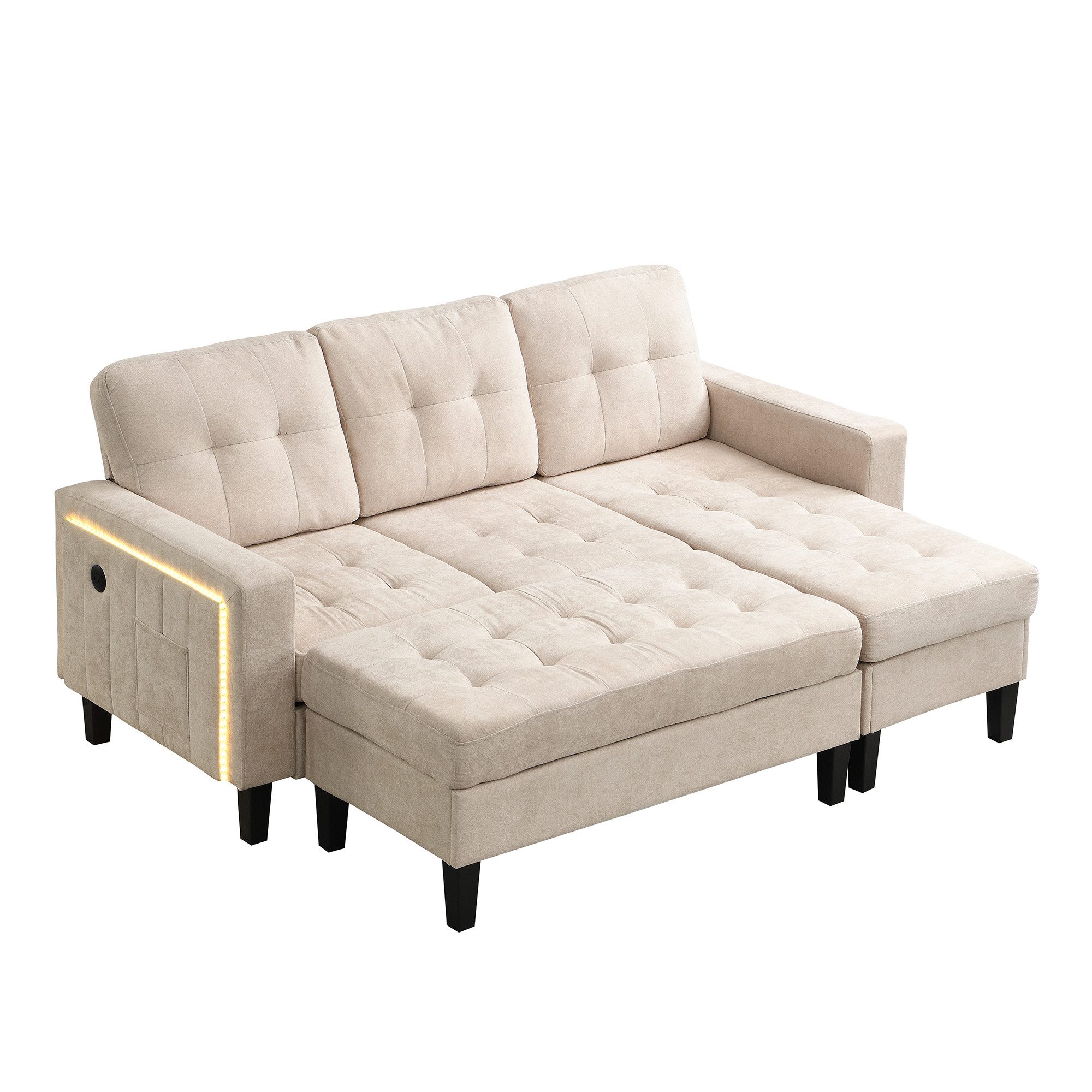 Merax Schlafsofa L-Form Sofa mit LED-Beleuchtung, 185x135x85cm, Flexibles Design,Chenille-Stoff 1 Teile, 3-Sitzer Chaiselongen mit XXL Fußbank, Modulares Sofabett Ecksofa