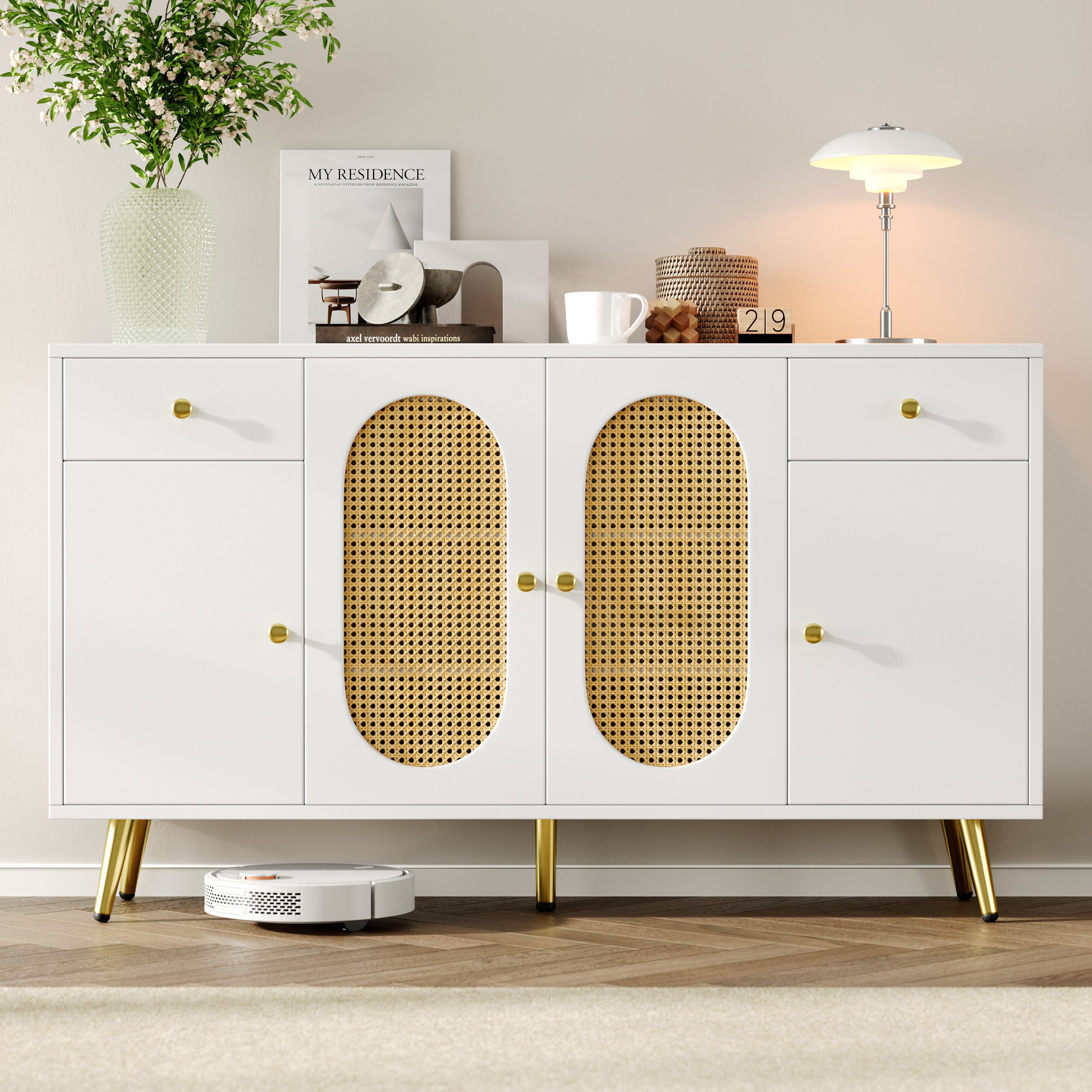 Flieks Kommode mit 2 Schubladen, Rattan-Türen und verstellbarer Einlegeböden Weiß (Schrank für Wohnzimmer, Schlafzimmer und Esszimmer, 1 St., B140 x T35 x H82 cm), Sideboard Mehrzweckschrank mit goldenen Metallgriffen & Metallbeinen