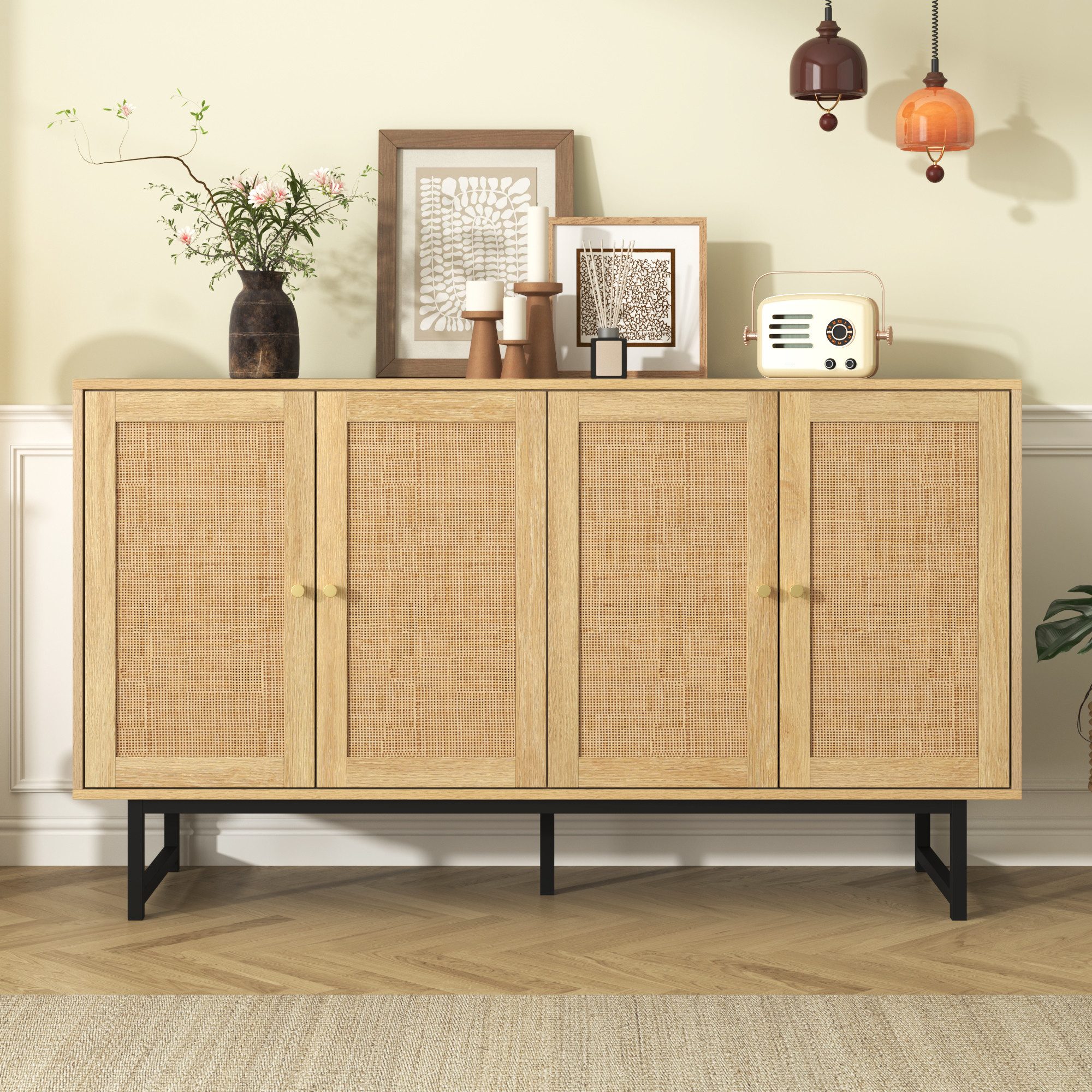 Yorbay Sideboard aus echtem Rattan, Landhaus & Scandi Design, mit 4 Schiebtüren aus echtem Rattangeflecht, 140x39,5x80 cm
