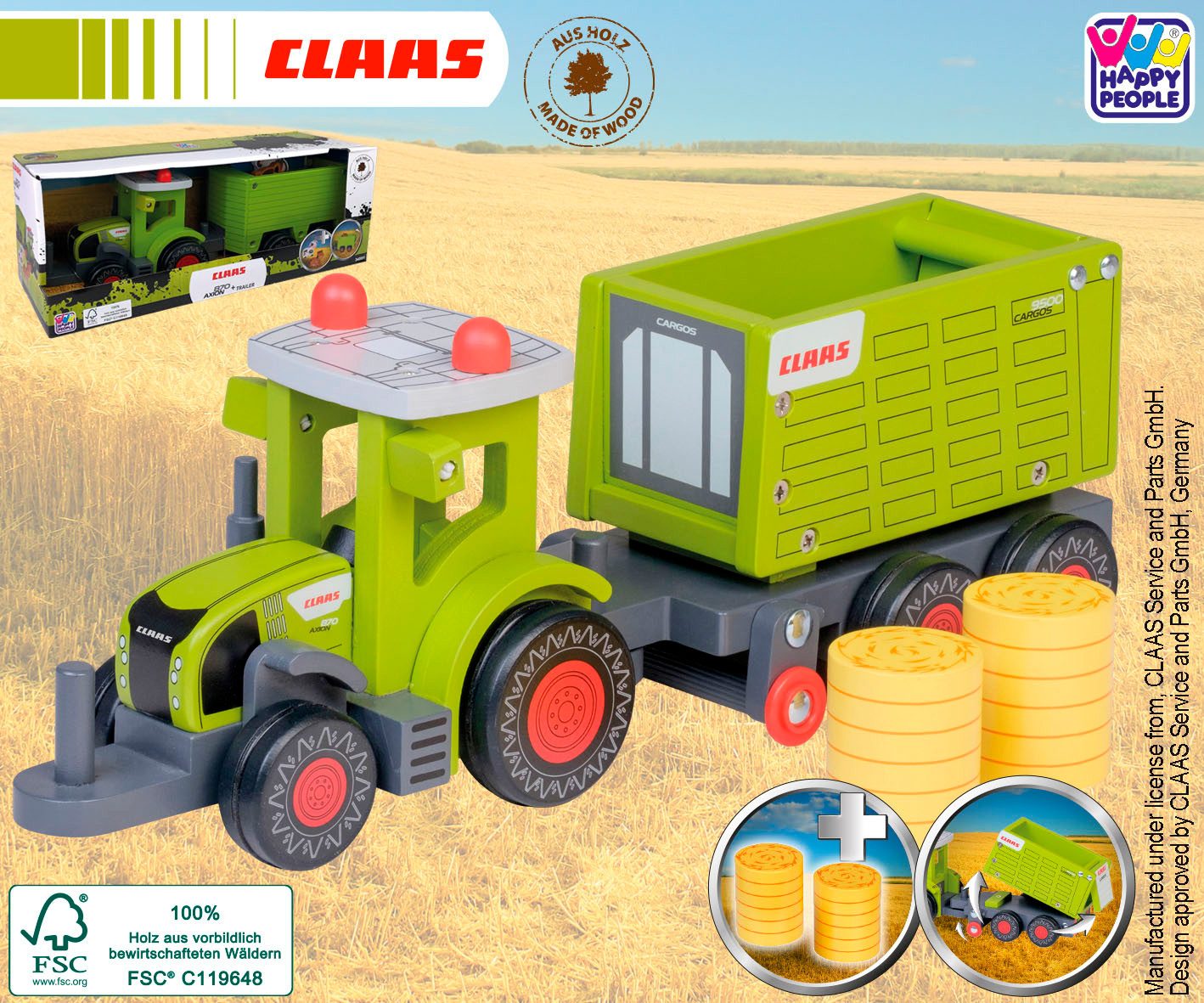 Happy People toy tractor CLAAS Kids Axion 870, made of wood, with tipper