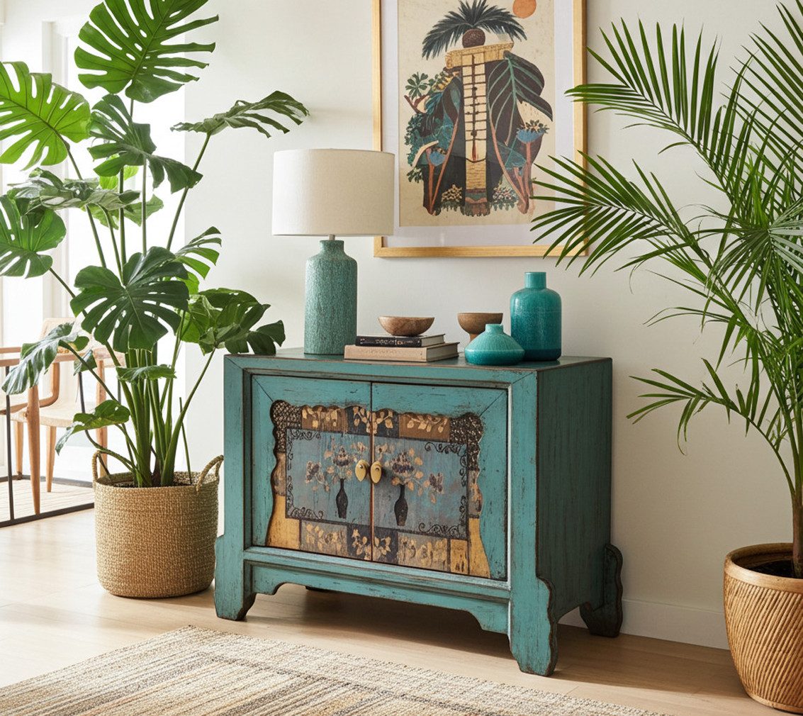 OPIUM OUTLET Kommode Schrank Sideboard Anrichte Büffet Asia Vintage Möbel (komplett montiert, asiatisch chinesisch orientalisch), Breite x Tiefe x Höhe: 90 cm x 42 cm x 70 cm
