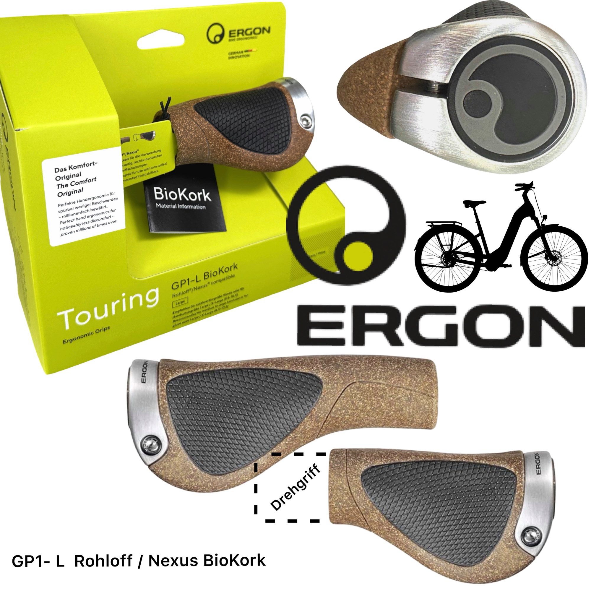 Ergon Fahrradlenker Ergon GP1 EVO BioKork Single Shift Mtb City Tour Ebike Fahrrad Griffe
