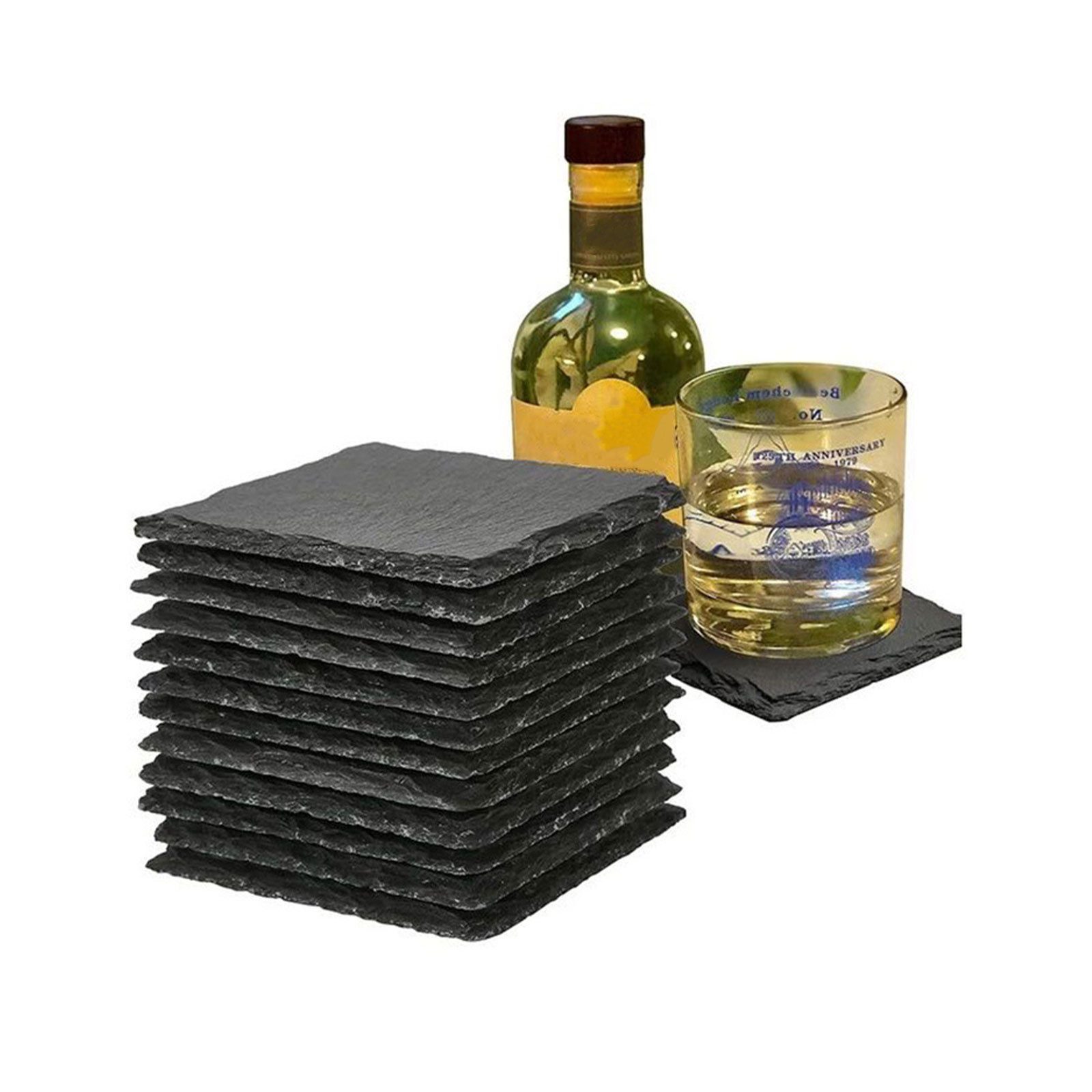 OKWISH Getränkeuntersetzer 12 Glasuntersetzer Schiefer Gläser Untersetzer Schieferplatte 10x10 cm, Quadratisch Natur Schieferuntersetzer mit Metall Halter, 12-tlg., Rutschfest und Isoliert für Getränke Glas Tassen Bar Deko usw