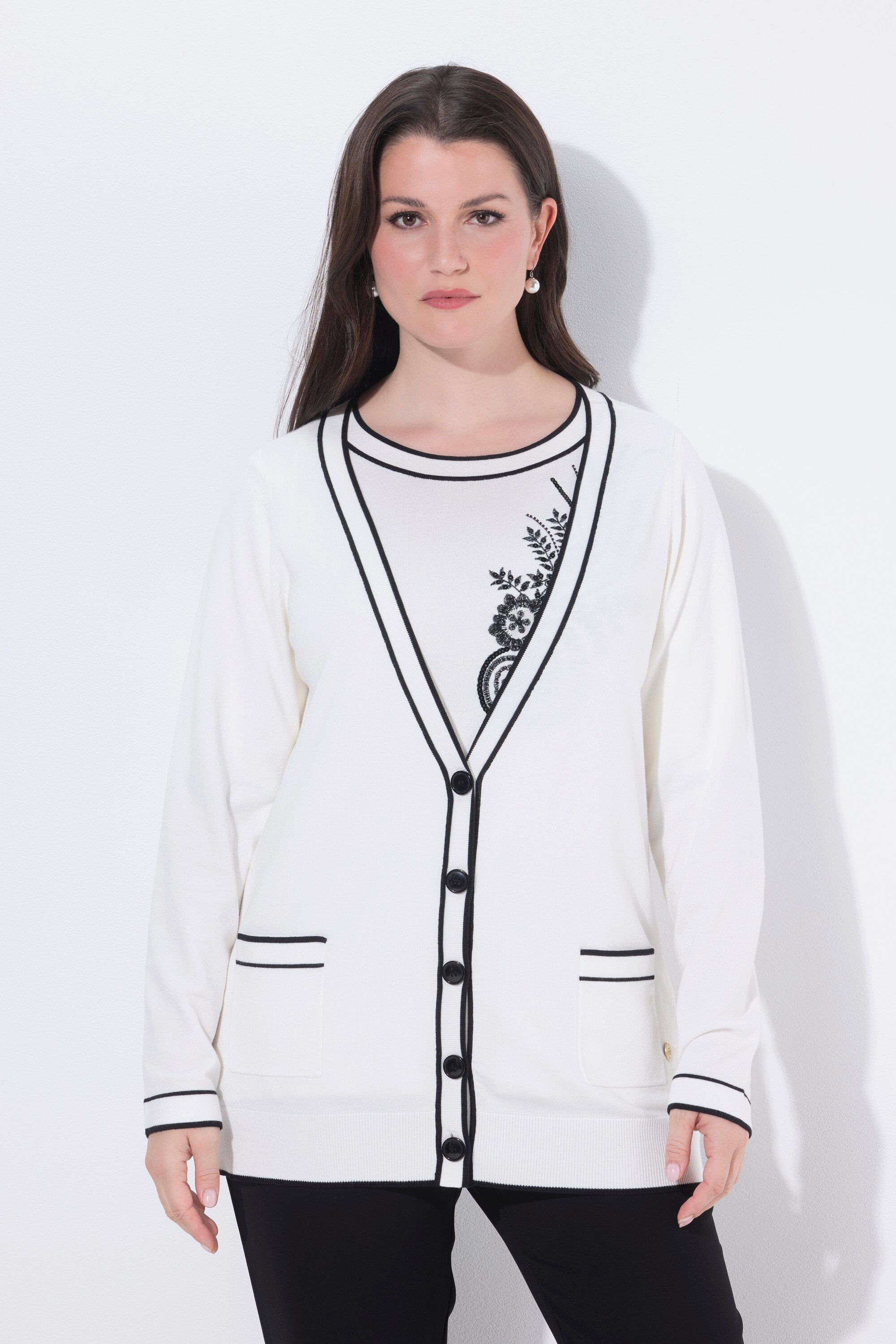 Ulla Popken Strickjacke Twinset-Strickjacke Streifen V-Ausschnitt Langarm