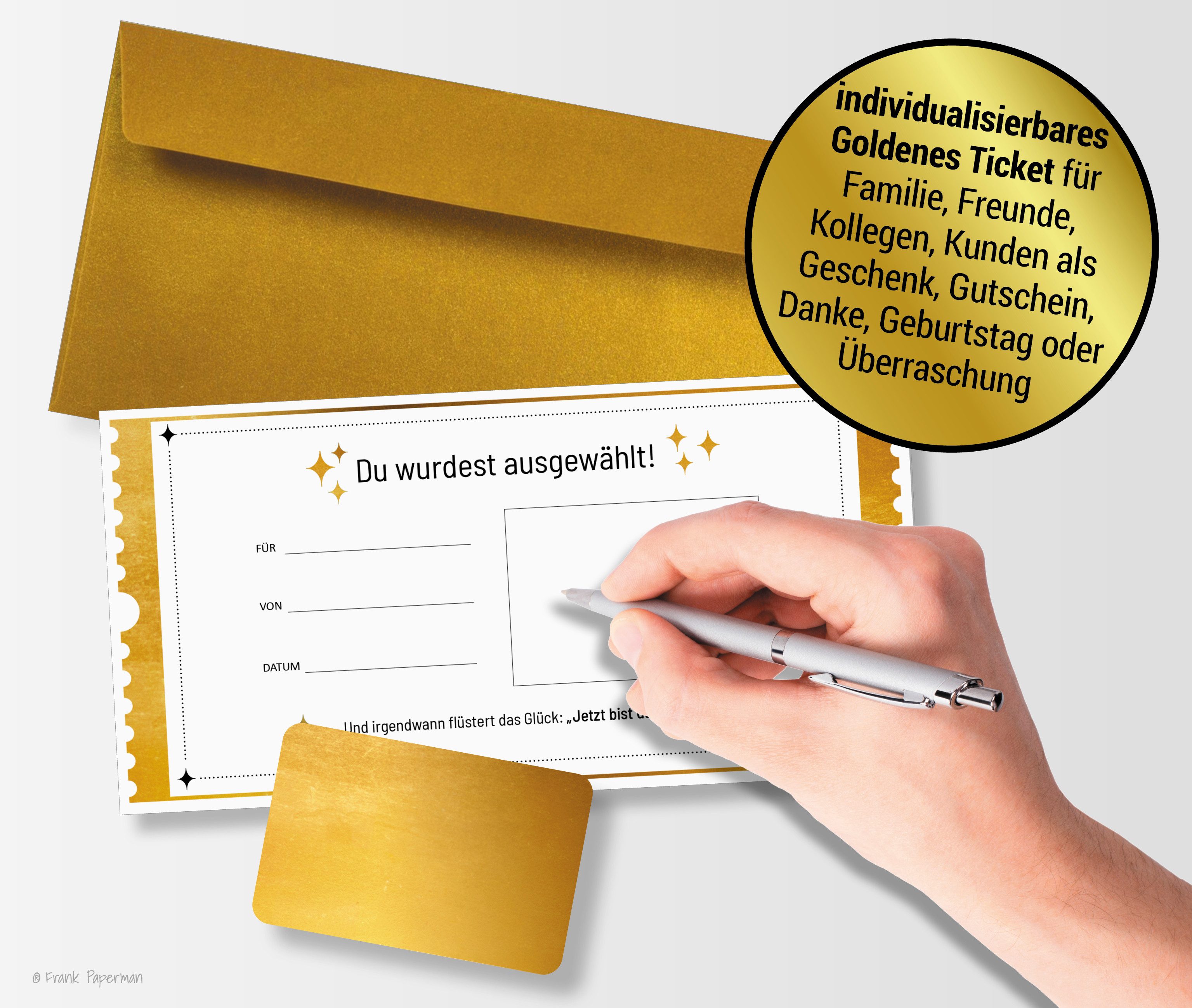 Frank Paperman Geschenkkarte Set Goldenes Ticket Gutschein mit Umschlag & Rubbelaufkleber, 100 % Recyclingpapier, hochwertige Rubbelkarten zum selber beschrifte – Bild 5 von 5