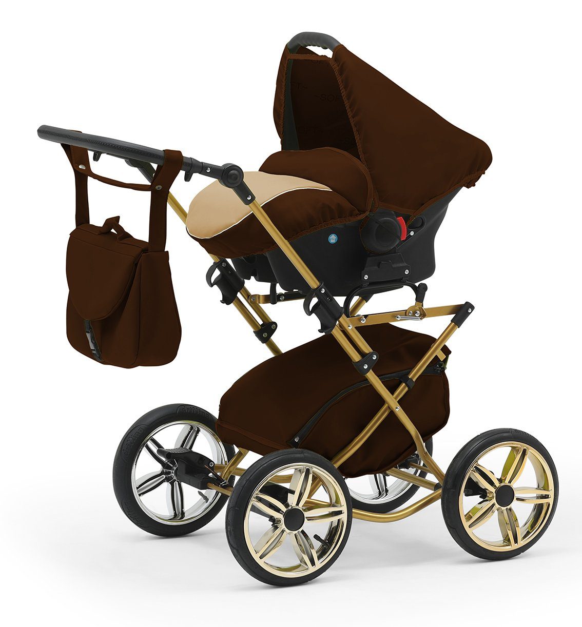 BabyMerc Kombi-Kinderwagen Sorento Gold 4 in 1 mit Sportsitz, Autositz und Zubehör in 30 Farben