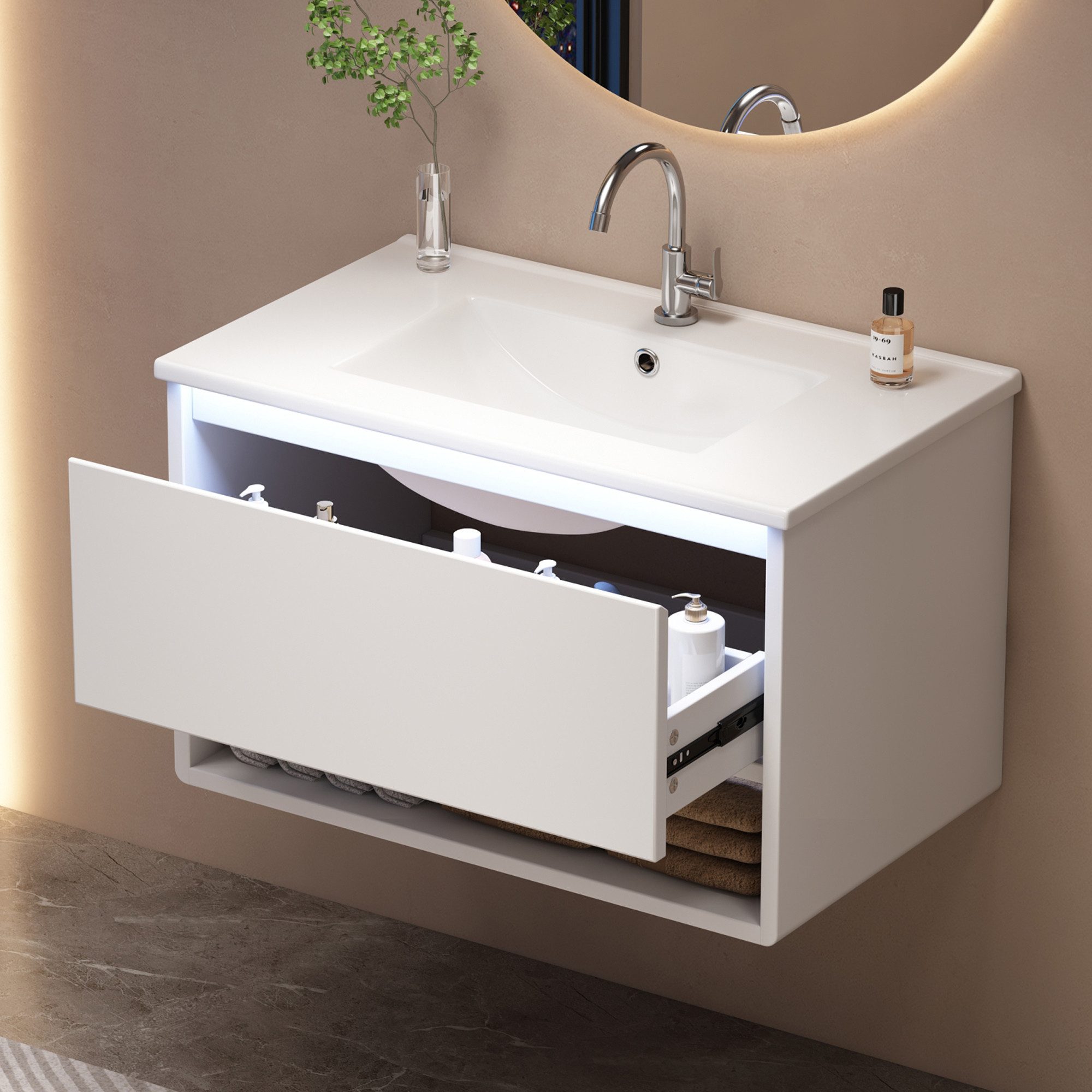 Flieks Waschtisch mit LED-Radarsensor Waschbeckenunterschrank inkl. Waschbecken (B76,5/T46/H45 cm, Volllackierung, 1-St., wandhängend, Badschrank mit Led-Beleuchtung Waschplatz Badzimmer), Badmöbel-Set mit Schubladen und Fächer Badezimmerschrank Weiß