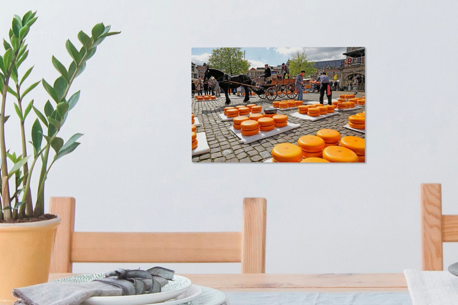 cm Leinwandbild 30x20 Käse St), - Wanddeko, Leinwandbilder, - Gouda, Markt (1 Aufhängefertig, OneMillionCanvasses® Wandbild