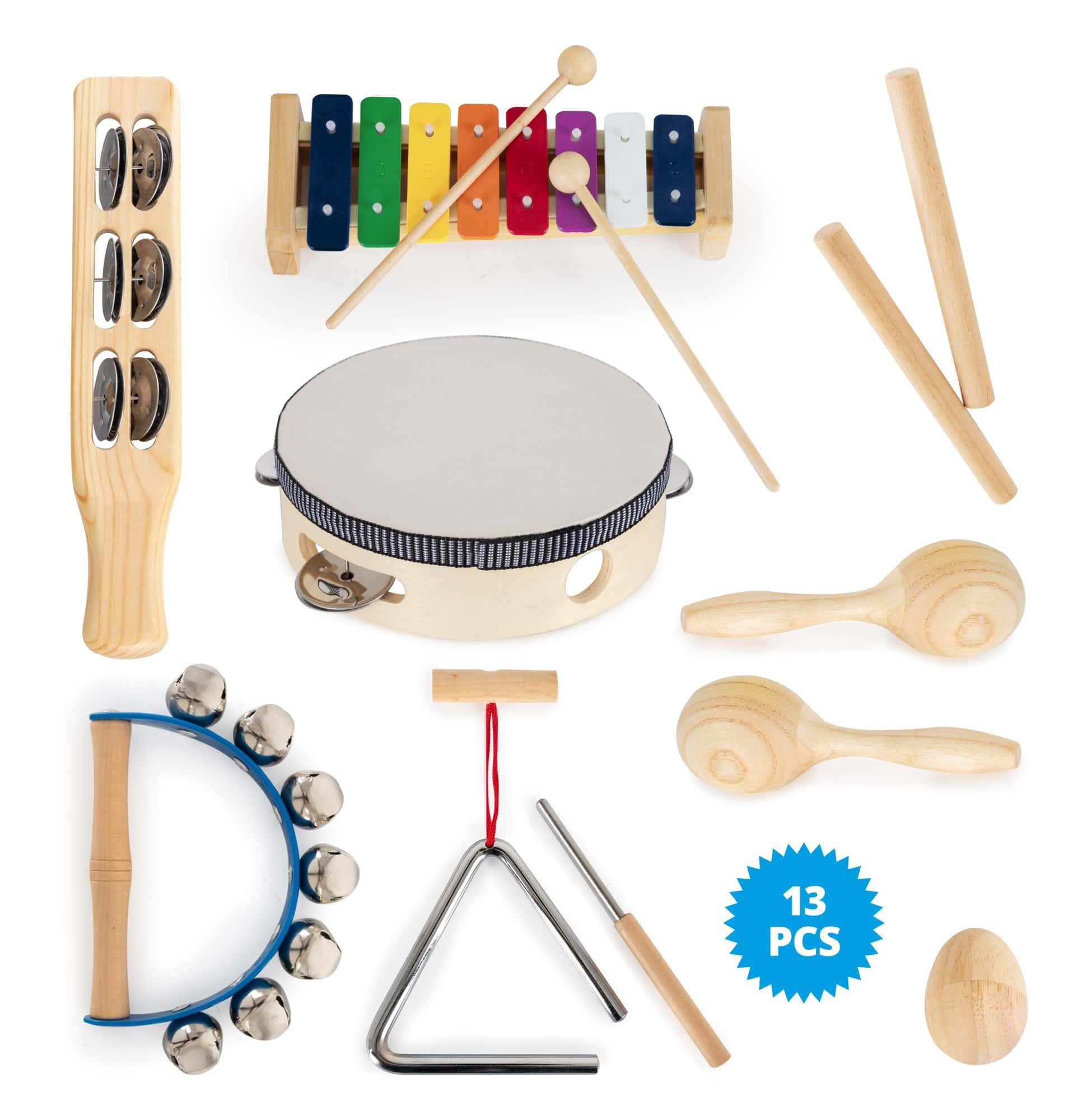 Classic Cantabile Spielzeug-Musikinstrument CC PS-13 Kinderpercussion Starter-Set 13-teilig - Instrumente aus Holz, Ideal für Kindergarten und Musikalische Früherziehung