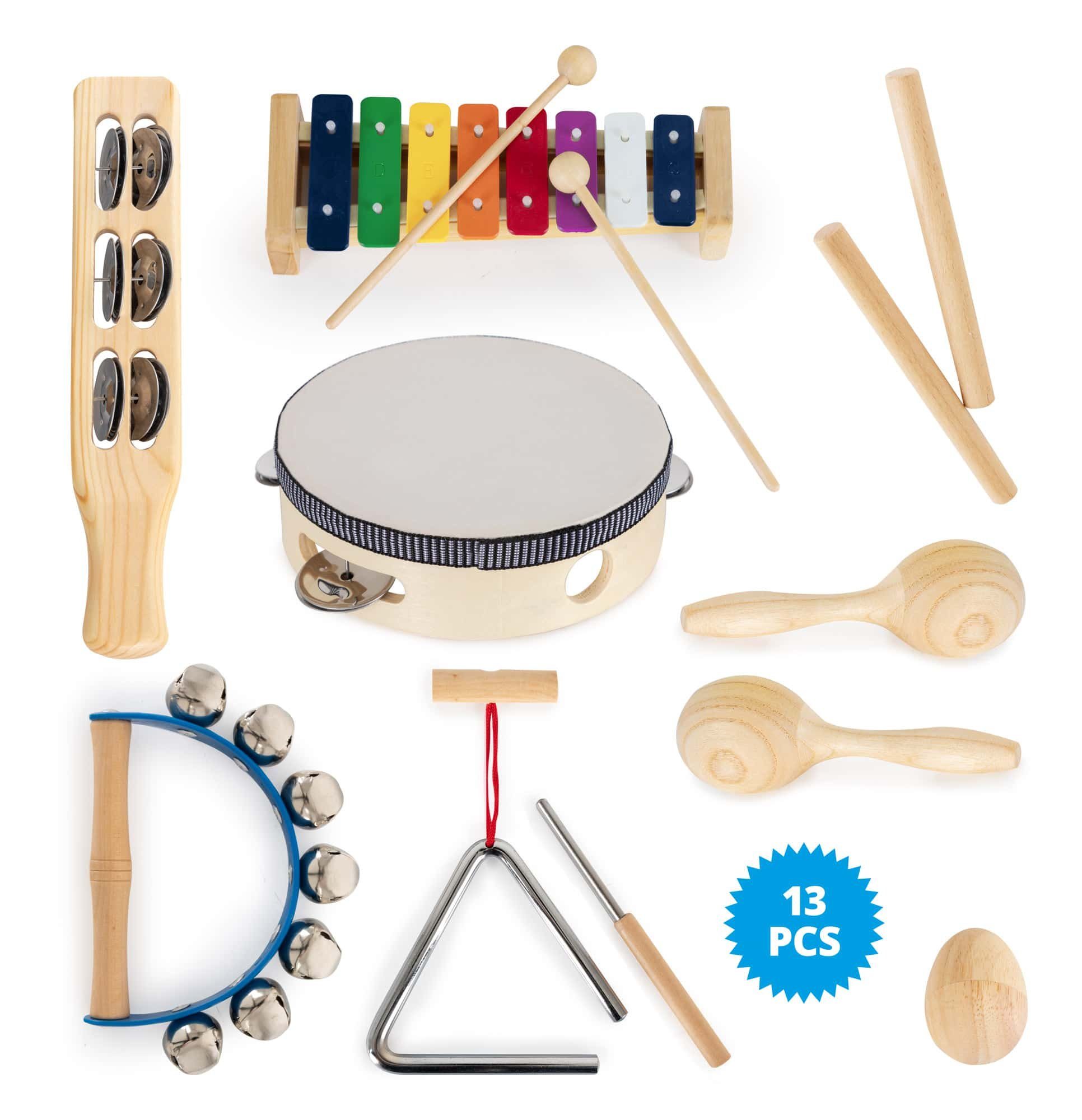 Classic Cantabile Percussion-Set 13-Teiliges Kinderpercussion mit Glockenspiel, Tambourin aus Holz, Maracas, Triangel und Egg-Shaker, Ideal für Kindergarten und Musikalische Früherziehung