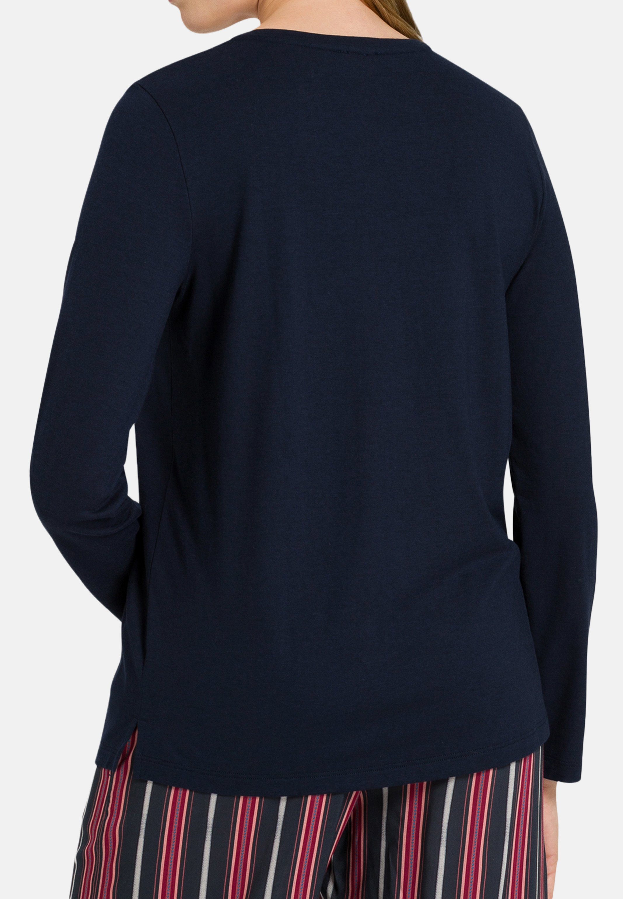 Hanro Pyjamaoberteil Deep (1-tlg) & Lockere - - Passform Langarm Baumwolle Lounge Schlafanzug Navy Shirt Sleep