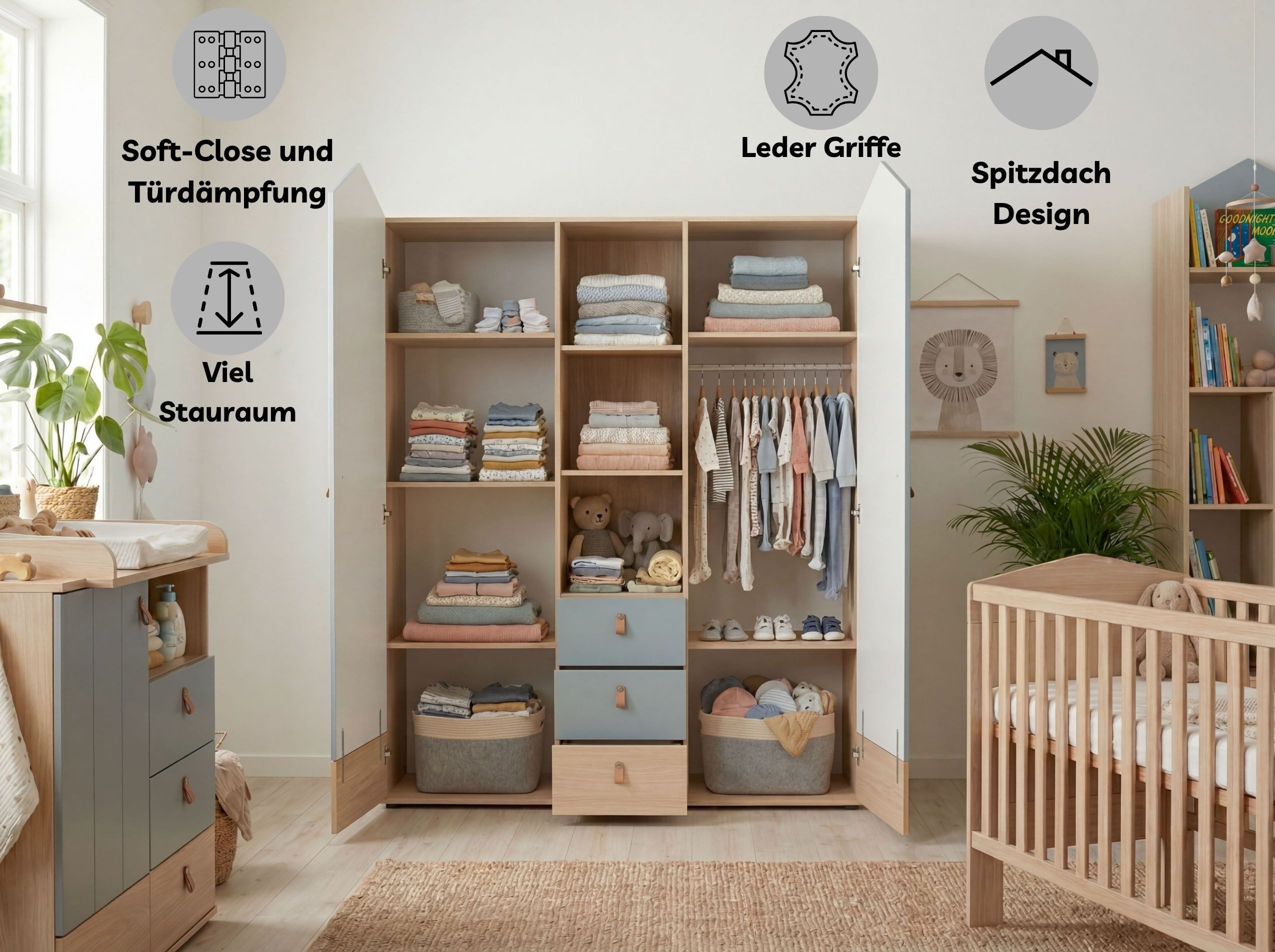 arthur berndt Babyzimmer-Komplettset Roofy, (Spar-Set, 3-tlg., Kleiderschrank, Wickelkommode, Babybett), Soft-Close, Türdämpfung, Ledergriffe, MDF-Fronten